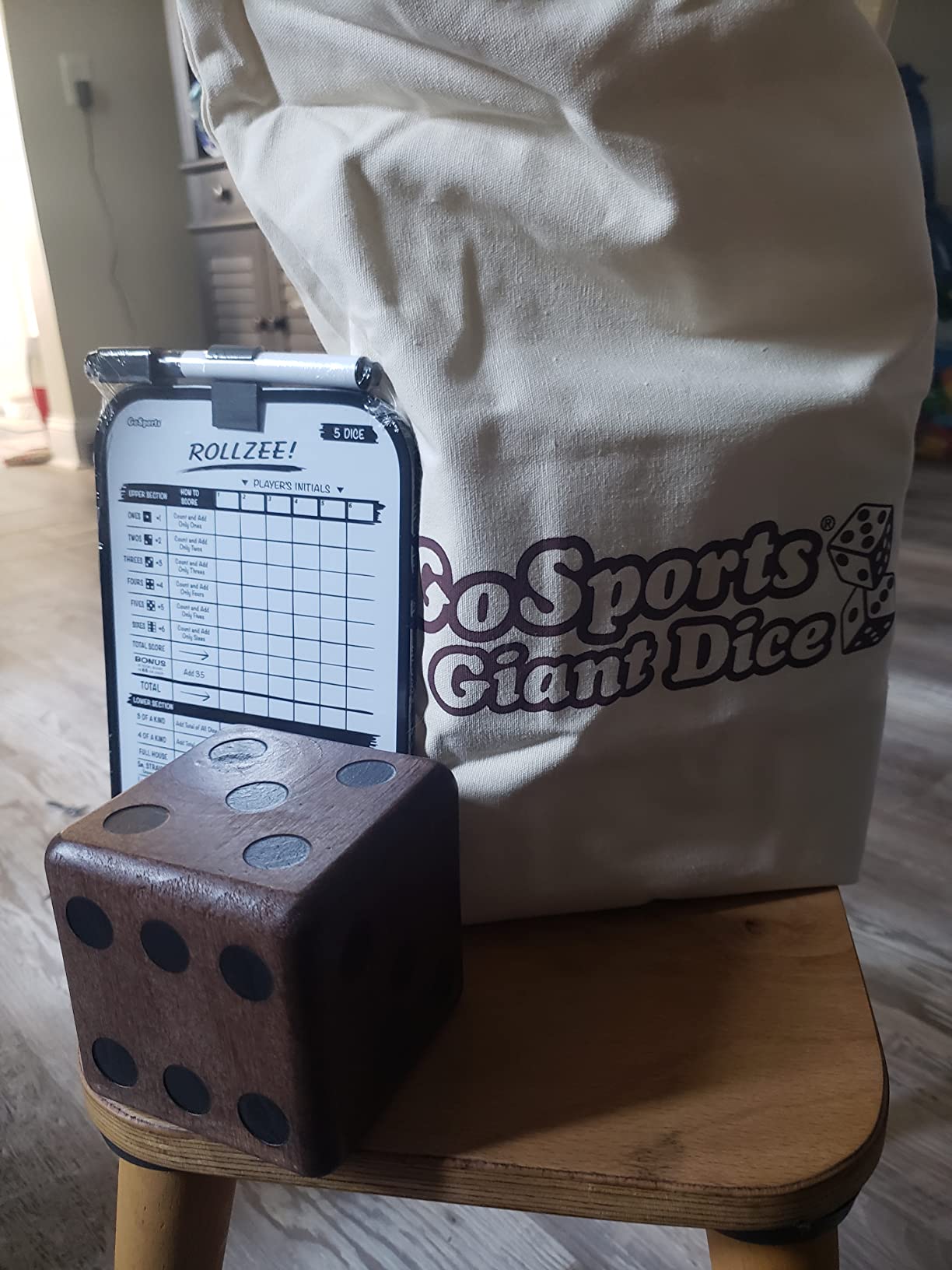 GoSports Giant Wooden Playing Dice Set with Rollzee and Farkle Scoreboard - Includes 6 Dice, Dry-Erase Scoreboard and Canvas Tote Bag customer photo 2
