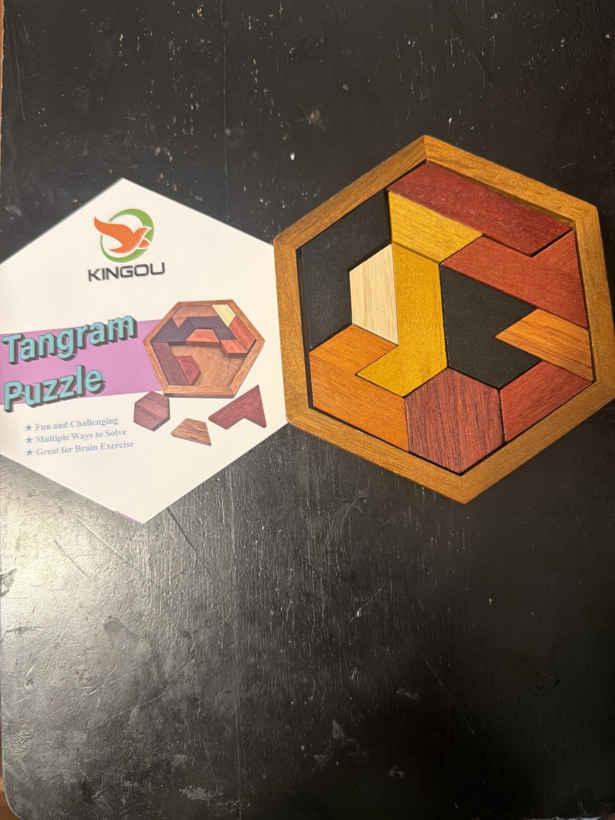 KINGOU Hexagon Tangram Puzzle Wooden Brain Puzzles for Kids & Adult Challenge Wooden Brain Teasers Puzzle Games for Family Party Gift - Brain Games for Kids customer photo 1