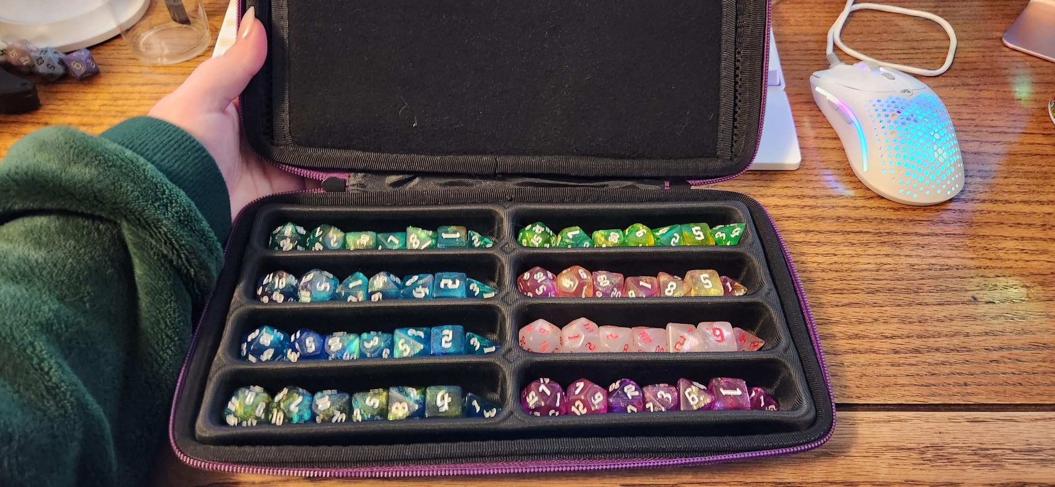 SIQUK Dice Case DND Dice Box Dice Storage Case Dice Organizer Holder with Handle Removable Slotted Tray Holds 8 Sets DND Dice customer photo 2