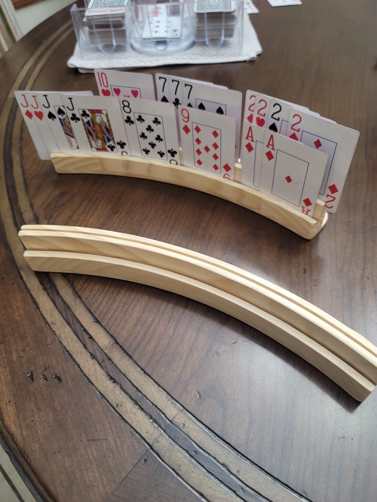 plusvivo Set of 4 Curved Playing Cards Holders for Seniors Adults - Soild Wood Cards Holders for Playing Cards 13 x 1.9 x 2.4 Inch for Bridge Canasta Strategy Foot and Hand customer photo 2