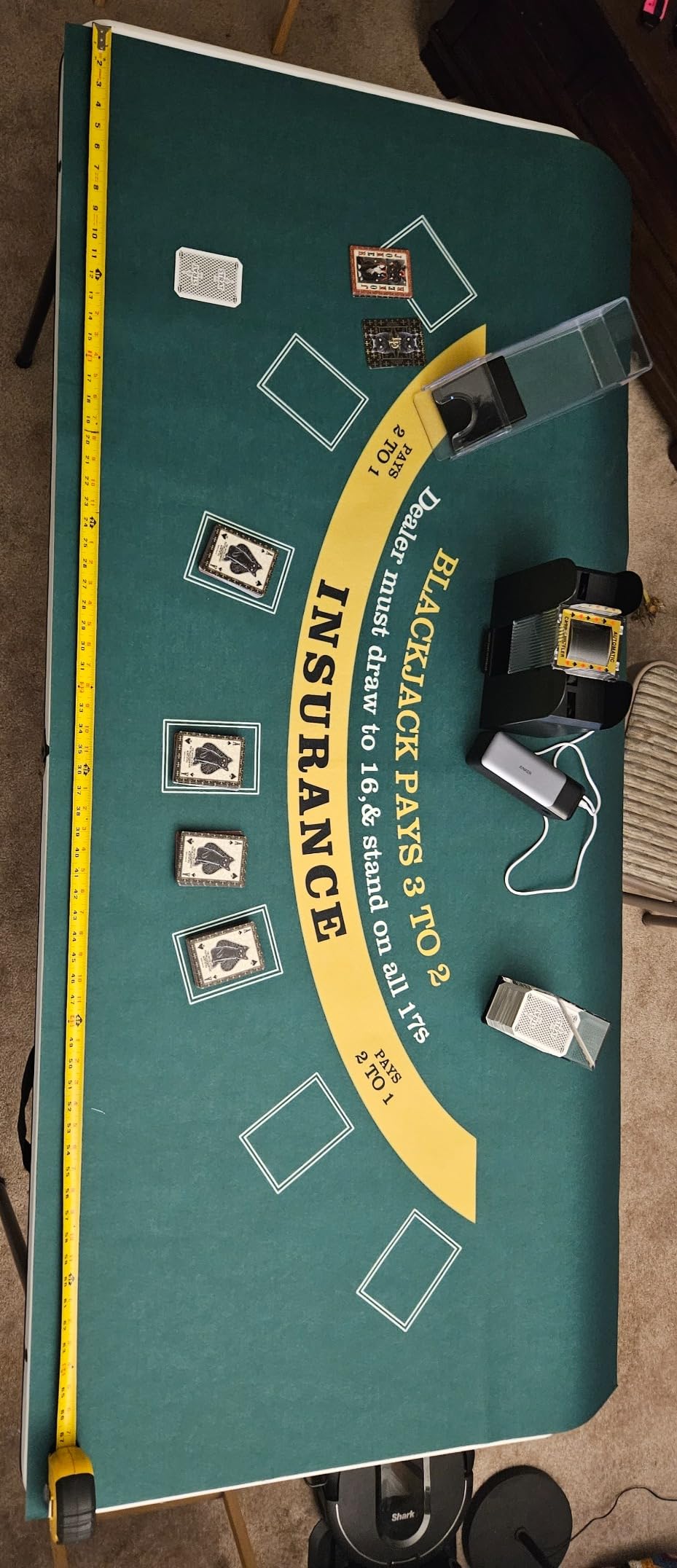 Aoriher Blackjack Game Combo Set, Include Blackjack Layout Felt, Shoe 6 Deck Automatic Card Shuffler Discard Holder Trays and 10 Cut Cards for Casino, Party Night(Green) customer photo 1