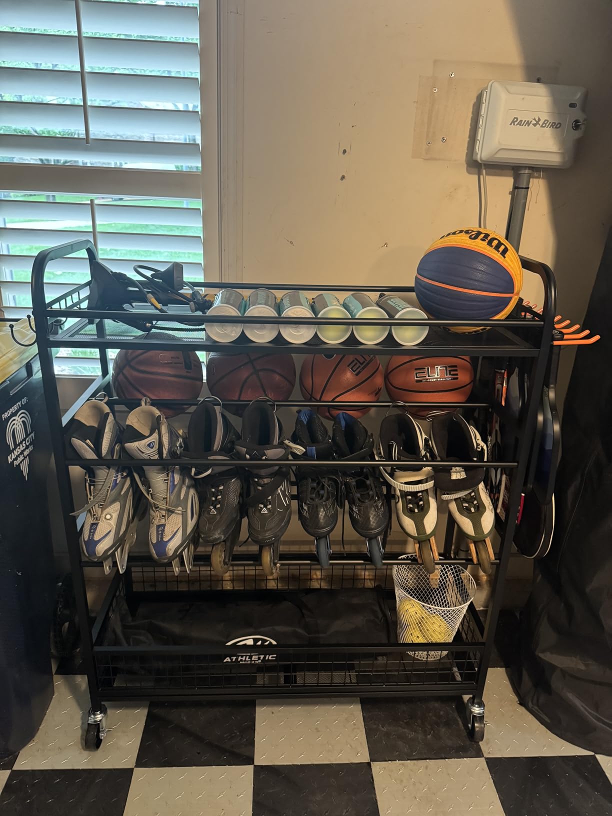 EXTCCT Garage Sports Equipment Organizer - Rolling Ball Storage Bin with Wheels, Garage Sports Gear Rack Outdoor Basketball Racks for Balls with Baseball Bat Holder and Hooks, Toy Organizer customer photo 1