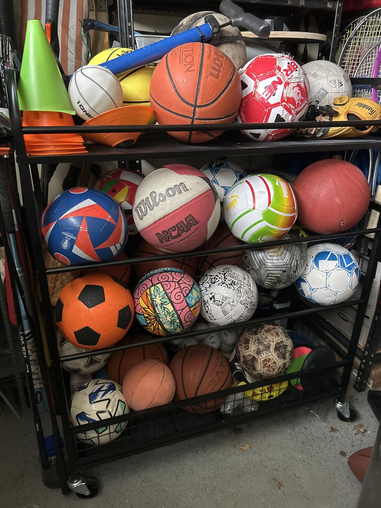 EXTCCT Garage Sports Equipment Organizer - Rolling Ball Storage Bin with Wheels, Garage Sports Gear Rack Outdoor Basketball Racks for Balls with Baseball Bat Holder and Hooks, Toy Organizer customer photo 2