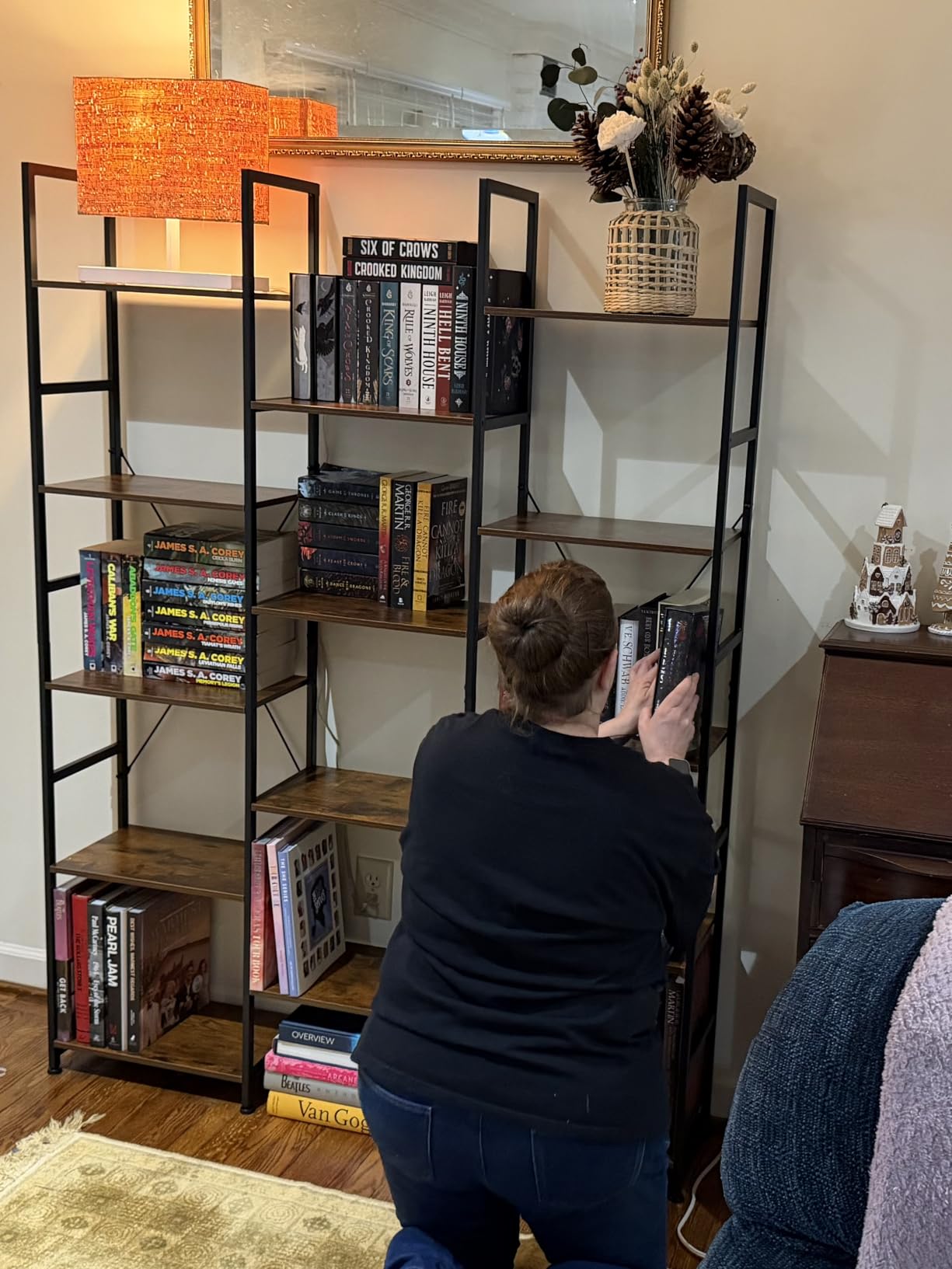 NUMENN Triple Column 5 Tier Bookshelf with 14 Adjustable Shelves, Vintage Industrial customer photo 2