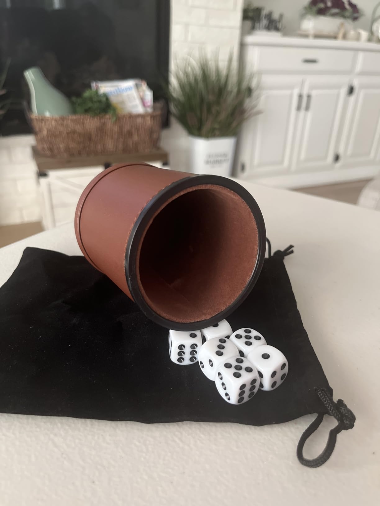 Brown PU Leather Dice Cup Set, Felt Lined Dice Shaker with 6 Dice for Liars Farkle Yahtzee Game customer photo 1