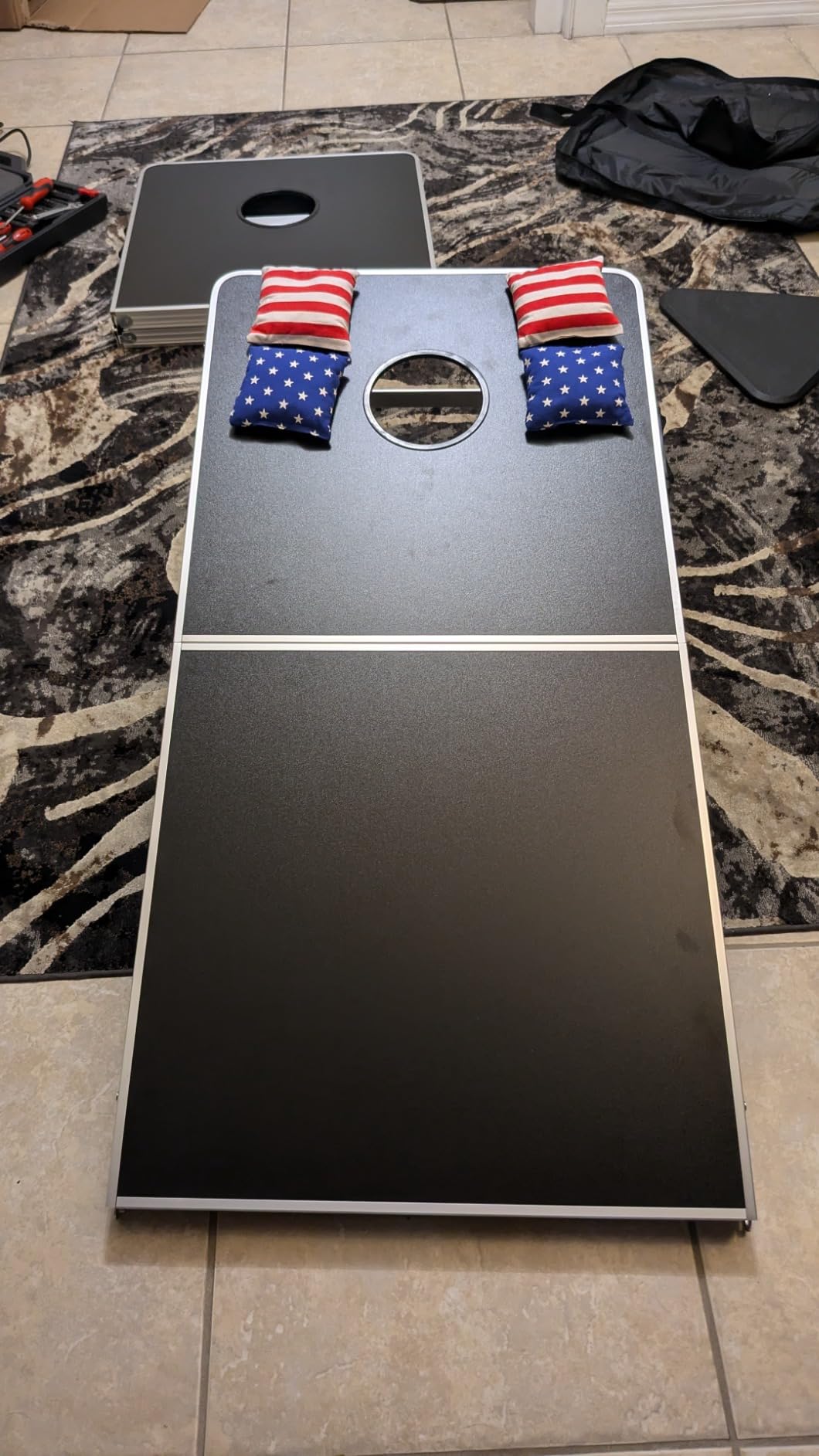 New & Improved 2-in-1 Cornhole Boards & Party Pong Table w/Optional LED Lights (Black-USA-Football-Wood-Custom) - Choose Your Model customer photo 1