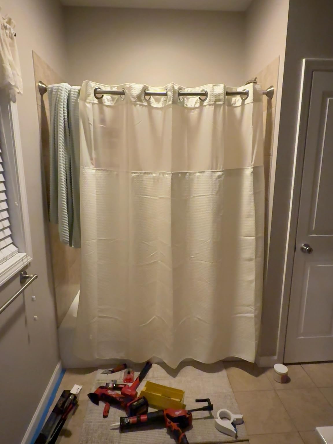 Hookless It's A Snap! Waffle Shower Curtain, 3-in-1 Shower Curtain Includes Fabric Shower Curtain with Sheer Top Window, Flex-On Rings & Fabric Liner, 71
