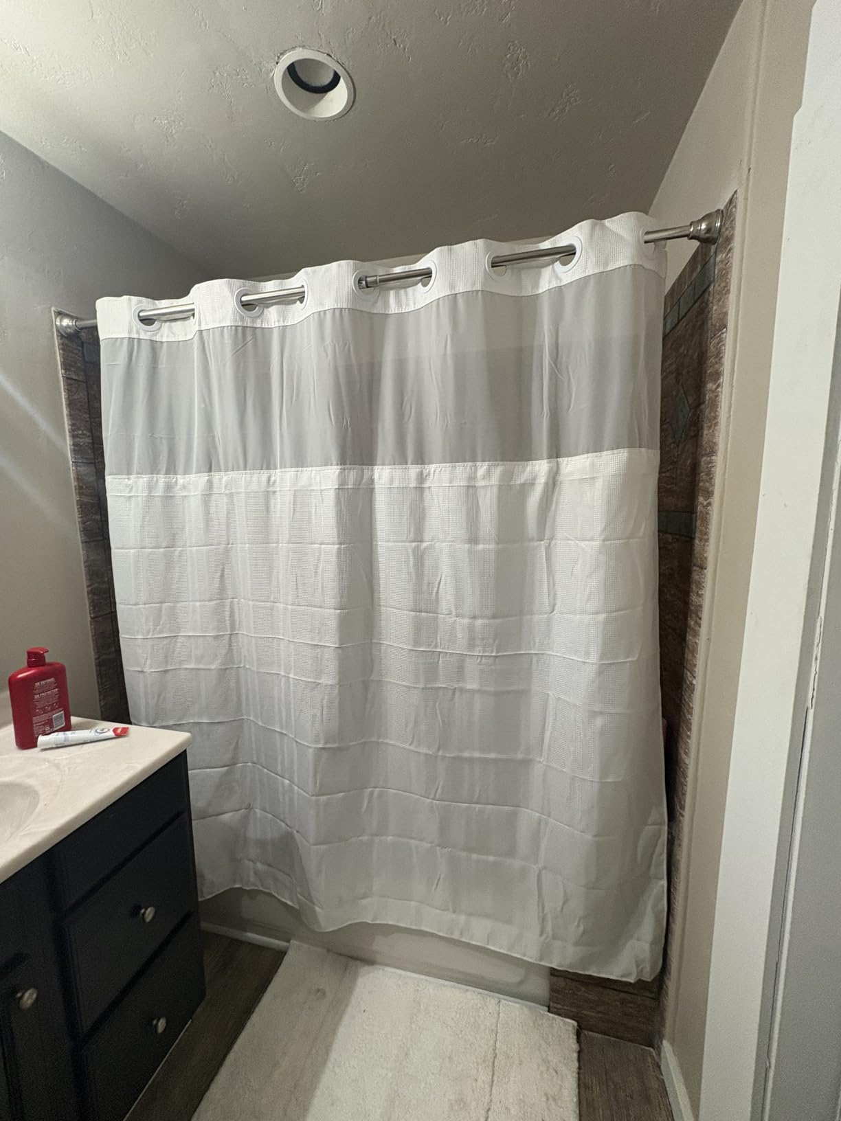 Hookless It's A Snap! Waffle Shower Curtain, 3-in-1 Shower Curtain Includes Fabric Shower Curtain with Sheer Top Window, Flex-On Rings & Fabric Liner, 71