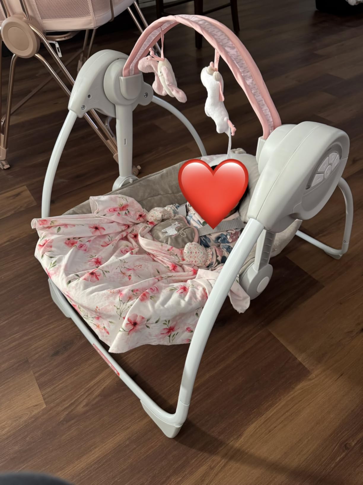 Ingenuity Soothe 'n Delight Compact Portable 6-Speed Plush Baby Swing with Music, Folds Easy, 0-9 Months 6-20 lbs, Cozy Kingdom customer photo 1