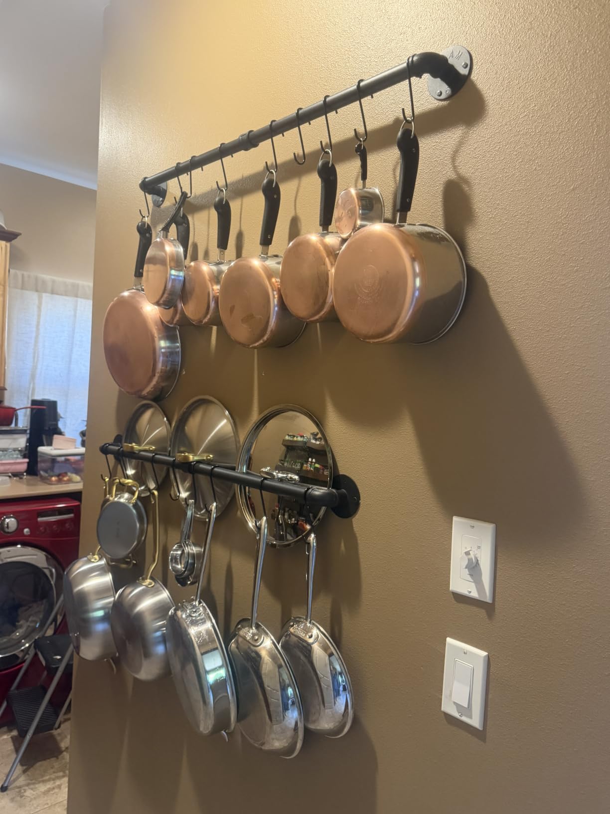 OROPY 38'' Pot Rack Wall Mounted, Iron Pipe Hanging Pot Rack, 14 S Hooks, Industrial Utensils Kitchen Hanging Rail, Pot and Pan Organizer, Pot Lid Organizer, Black customer photo 1