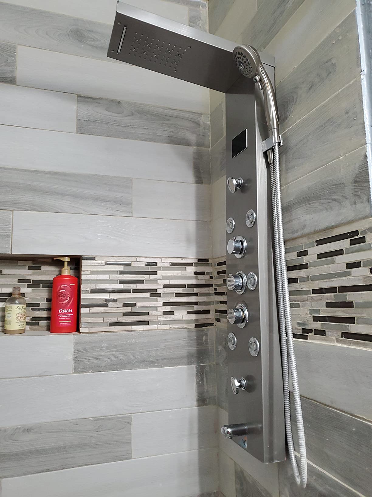 FUZ Contemporary Shower Panel Tower System Stainless Steel 6-Function Faucet LED Rainfall Waterfall Shower Head + Handheld Sprayer + Rain Massage Body Jets + Tub Spout,Brushed Nickel customer photo 1