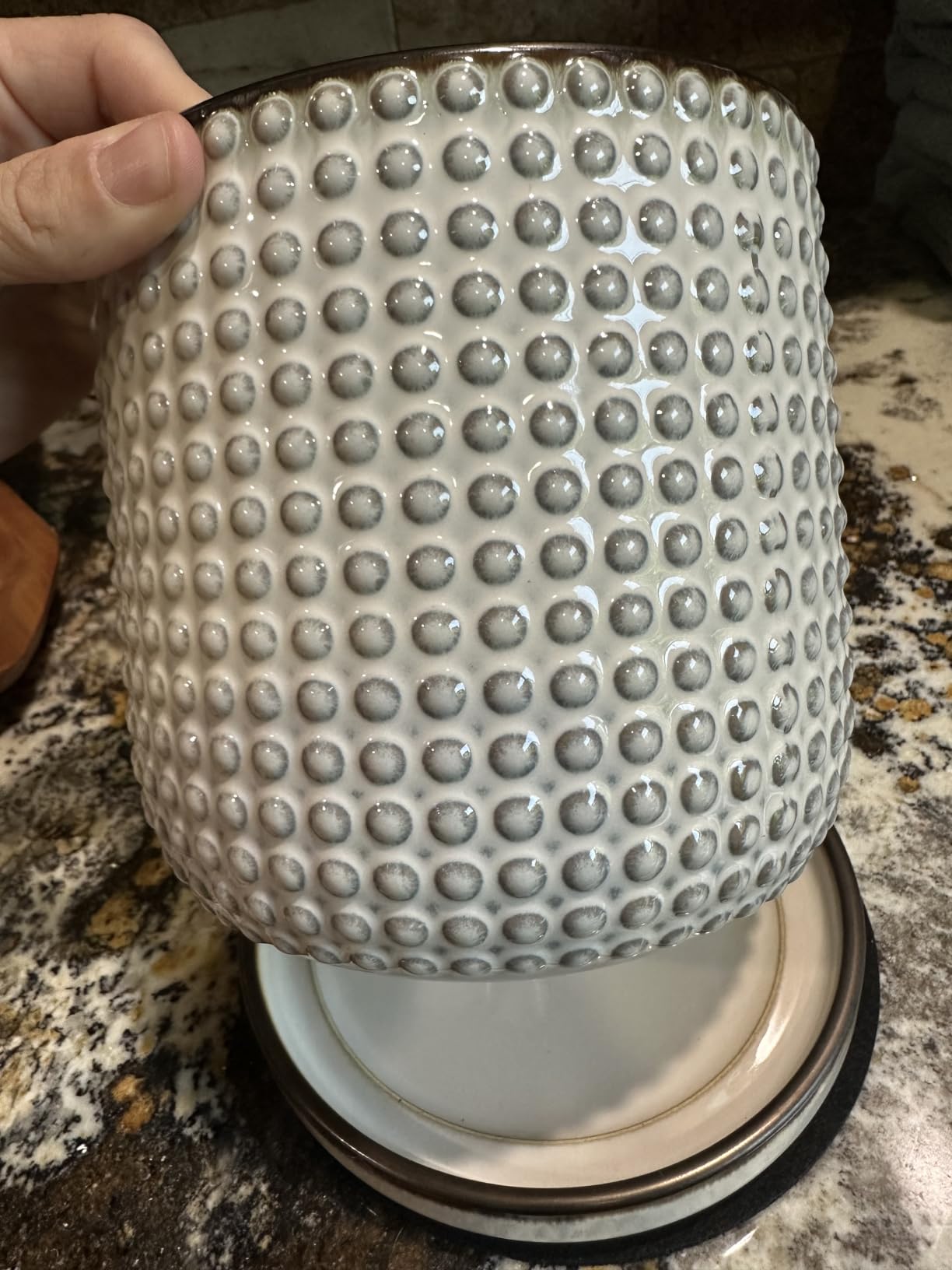 D'vine Dev Beaded Ceramic Pot with Saucer, 6 in, Ebony Matte, Embossed Dot Texture, Smooth Glazed Finish, Timeless Vintage Charm, Drainage Holes customer photo 1