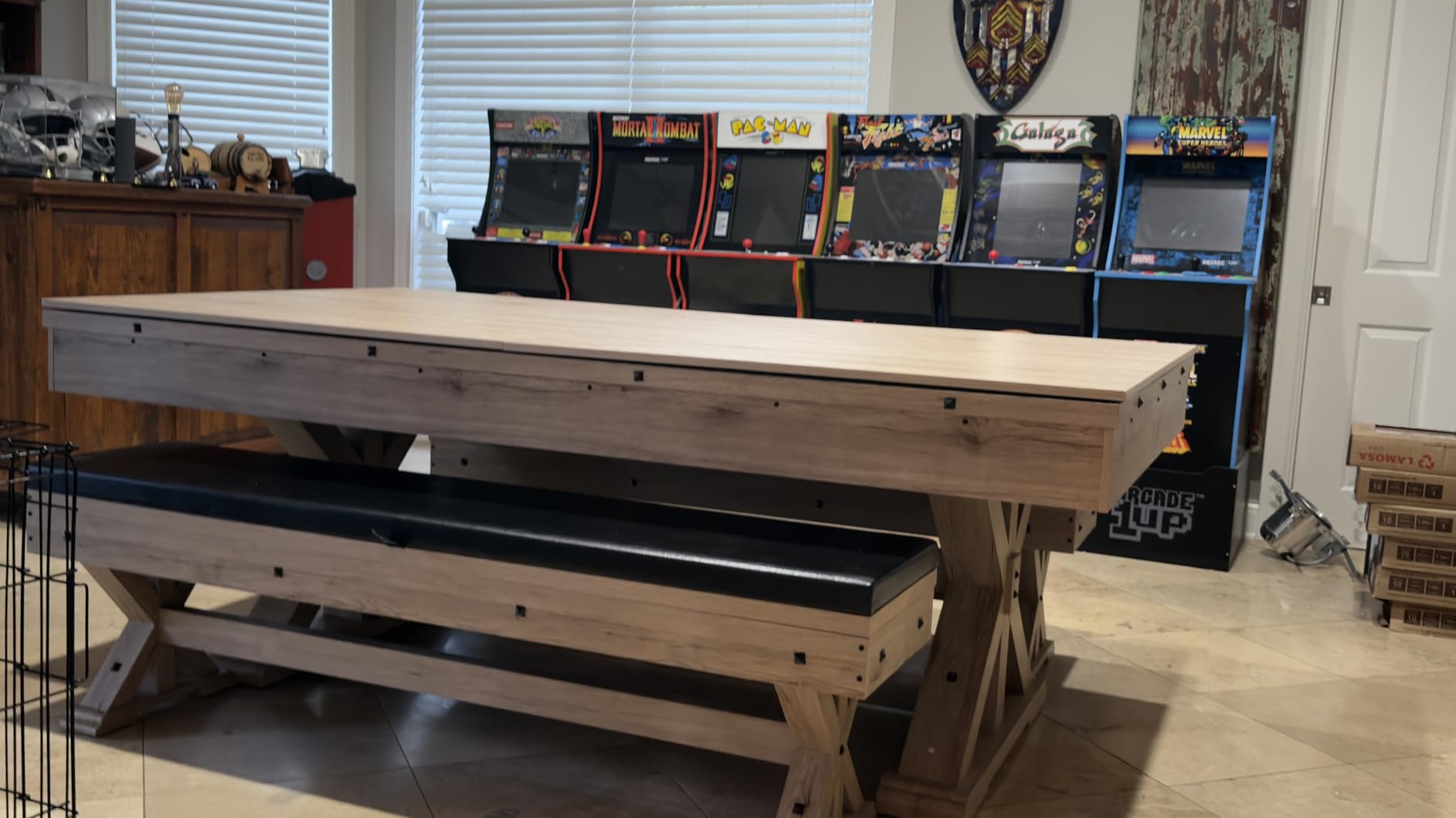 7' 3 in 1 Multi Game Pool Table with Dining Top Pool Ping Pong Table Combo with Dual Storage Bench Seating - Rustic Oak with Grey Felt customer photo 1