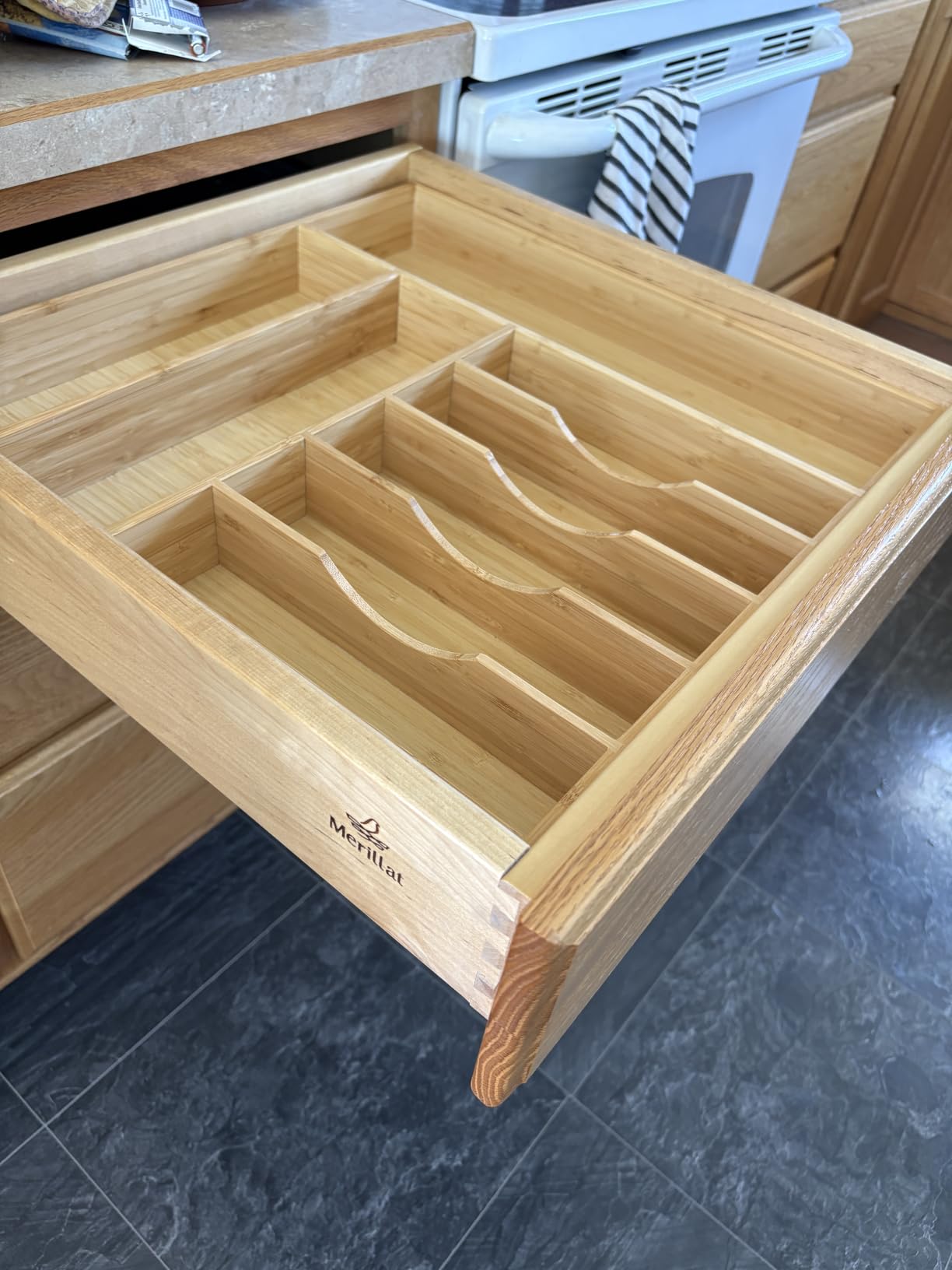 Kitchen Drawer Organizer, 10 Inch Silverware Utensil Tray Holder, Extra Deep, with Non-Slip Feet & Grooved Drawer Divider, 5 Slots Total Bamboo Wood Caddy for Flatware Cutlery Knives customer photo 2
