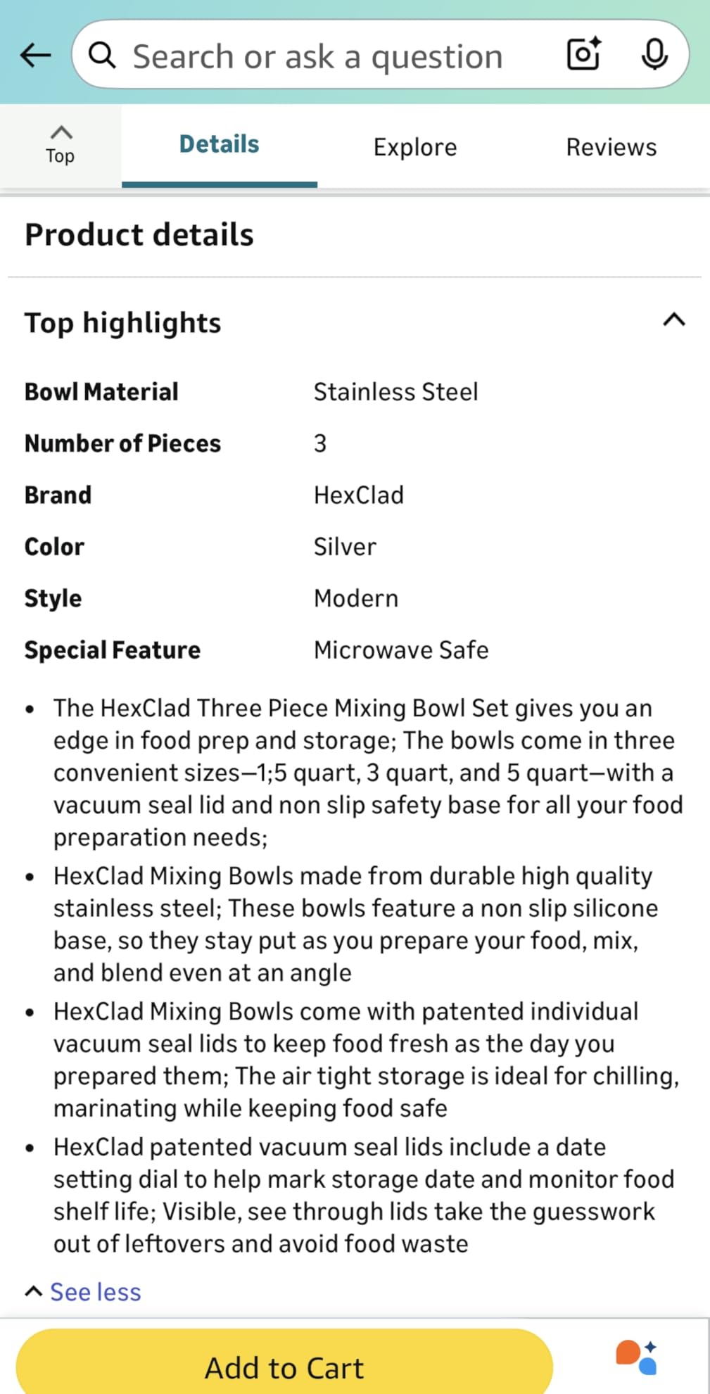 HexClad Stainless Steel Mixing Bowl Set, 3-Piece with Vacuum Seal Lids and Non-Slip Base, 1.3,3 and 5 Quarts customer photo 1
