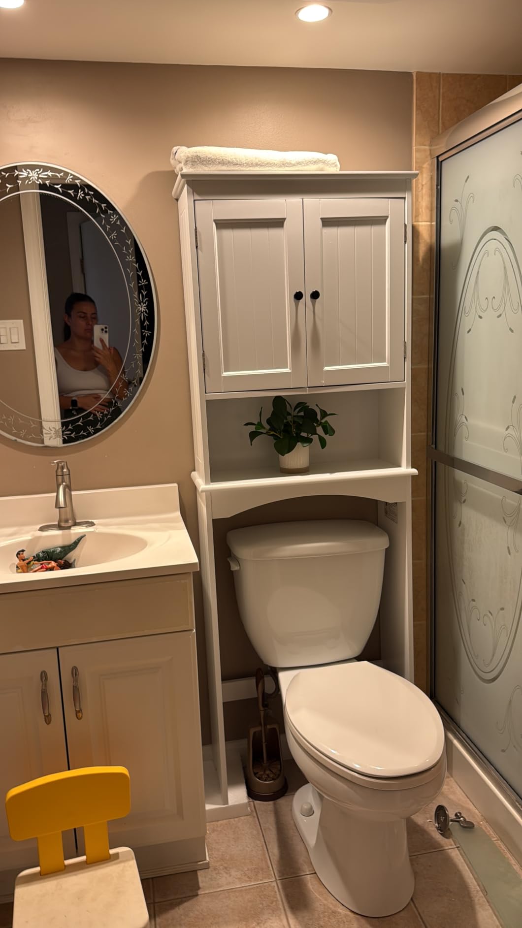 Gizoon Over the Toilet Storage Cabinet with Adjustable Shelf and Double Doors, White | Bathroom Space Saver Organizer Above Toilet with Open Shelf, Taller Wooden Free Standing Toilet Rack customer photo 2