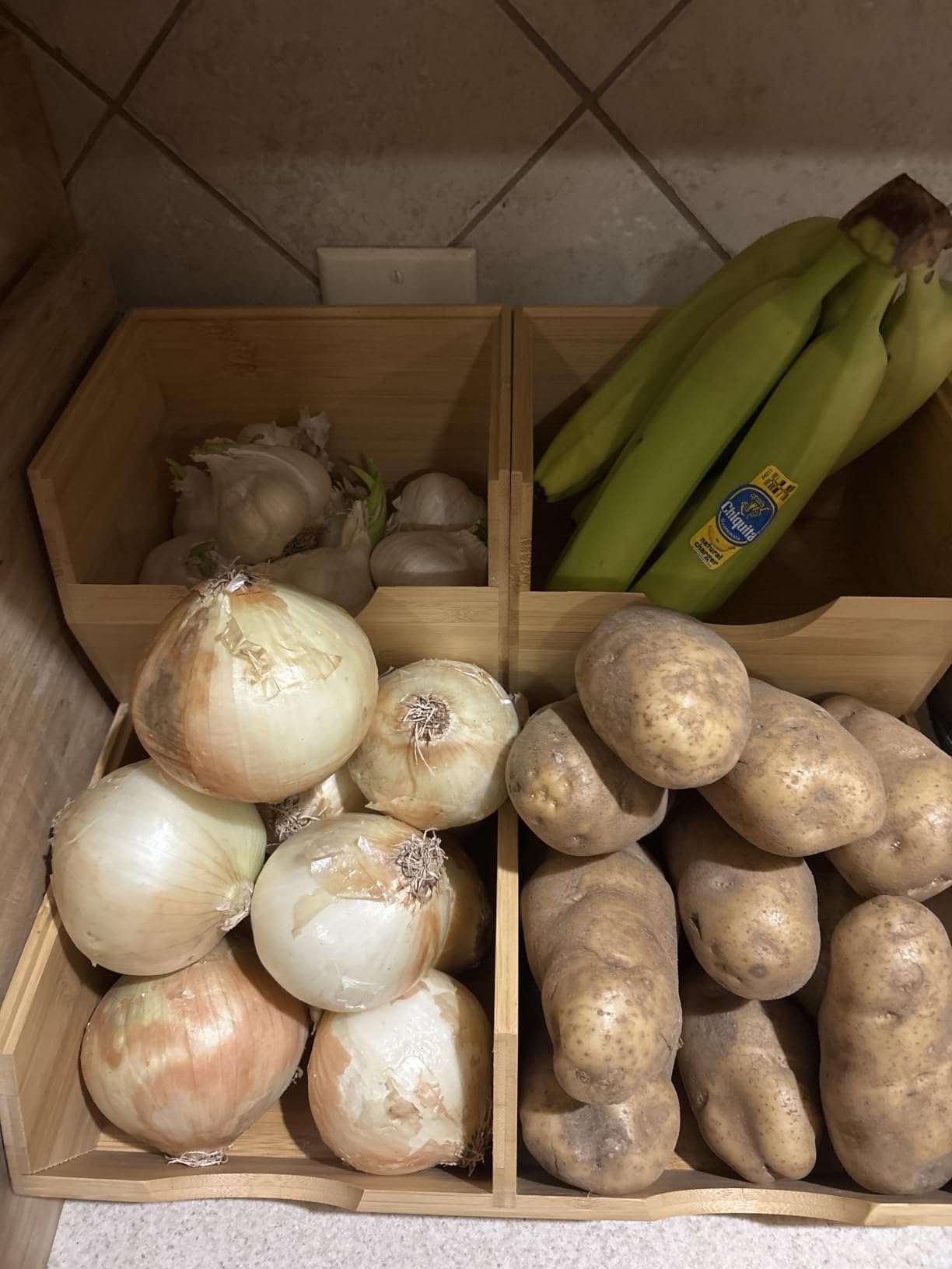 HOMESTEAD Bamboo Pantry Storage Bins - Stackable Potato & Onion Storage Bin for Kitchen Countertop, Pantry Organizer, Fruit Vegetable Basket, Multiuse - Set of 3 Slide-Out Access customer photo 2