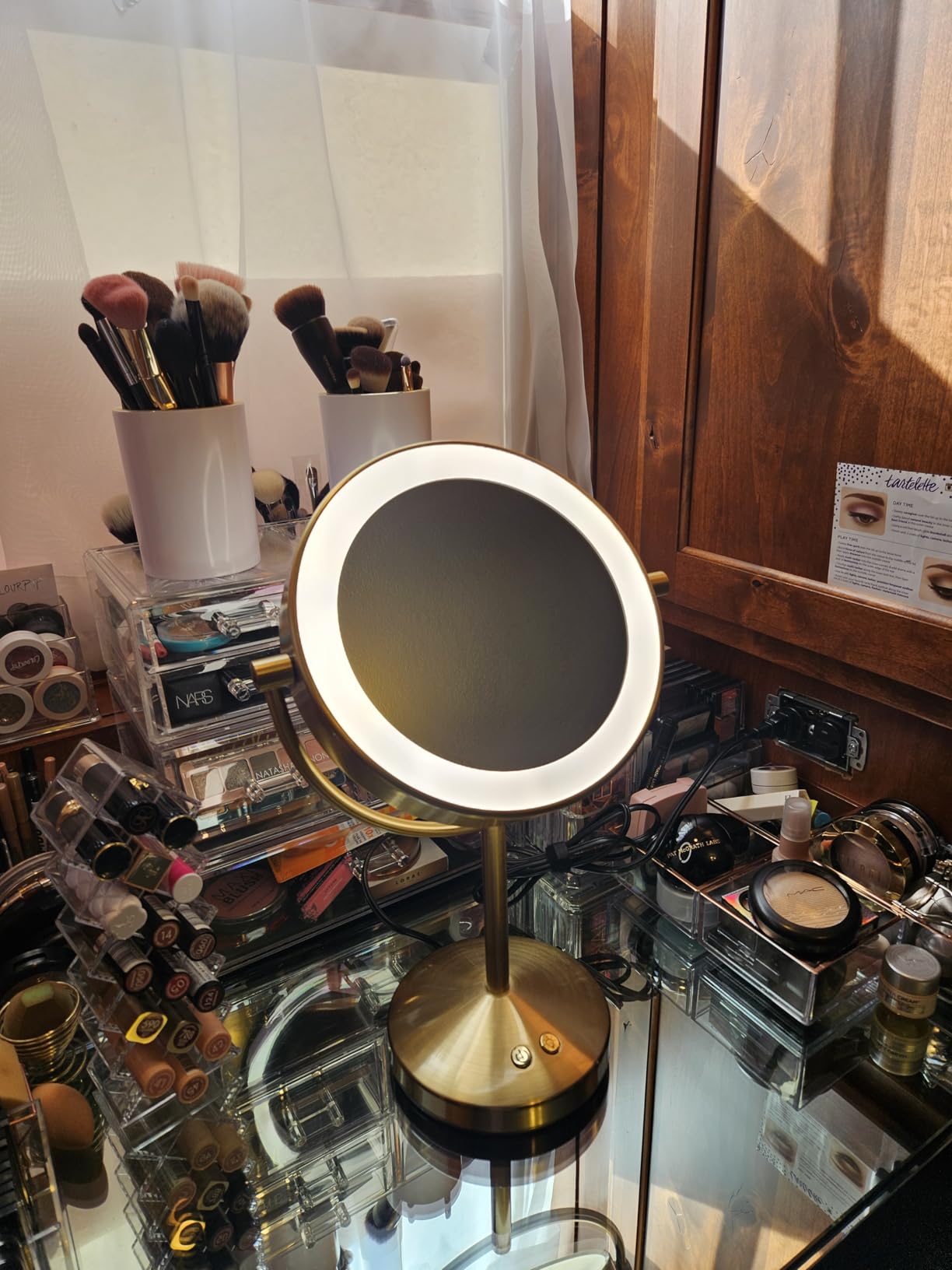Conair Lighted Makeup Mirror, Double-Sided LED Vanity Mirror with 1X/10X Magnification, 3 Light Settings, 3 Modes, 360° Rotation, Brushed Brass Finish customer photo 2