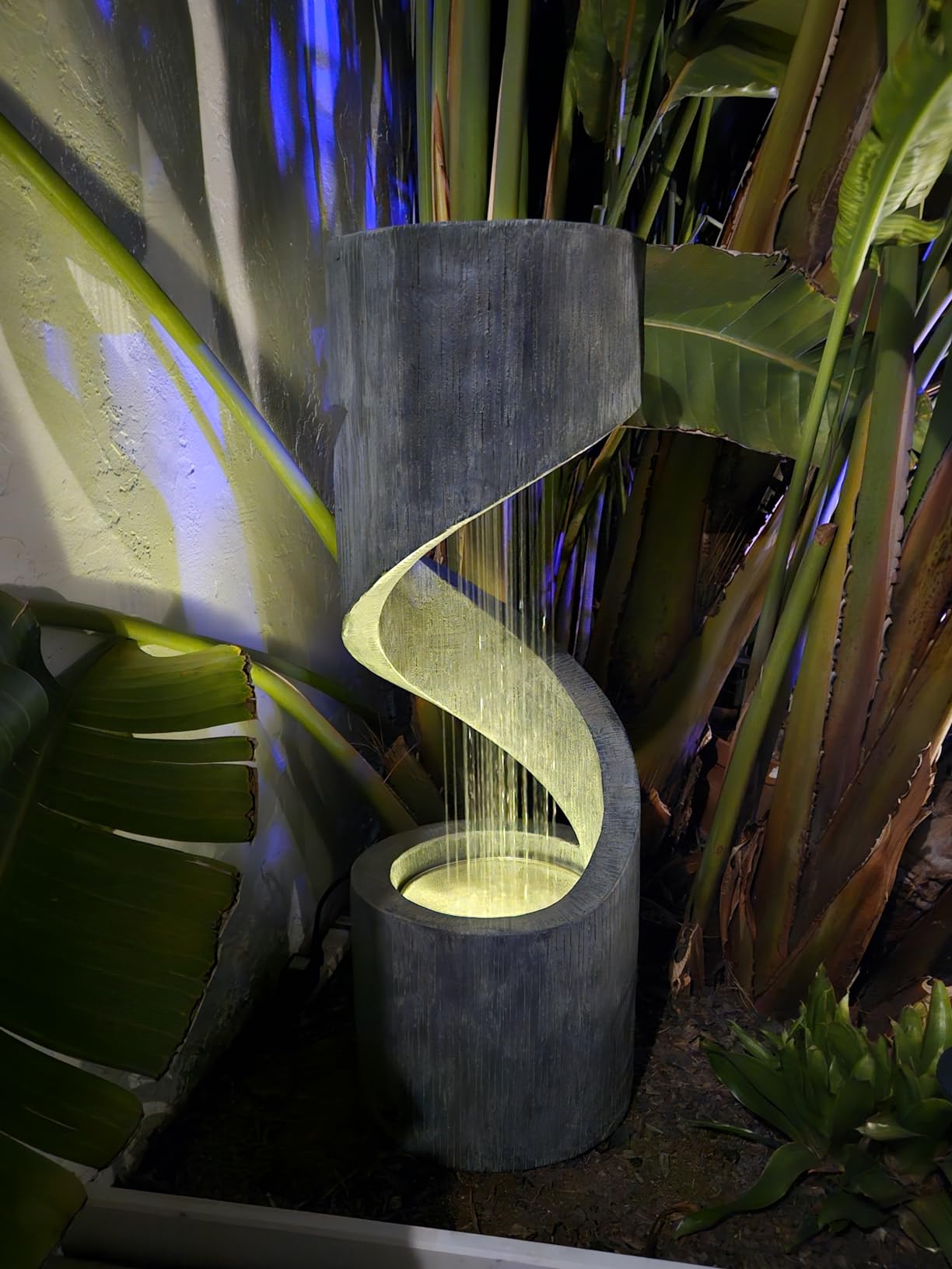 Glitzhome Outdoor Water Fountain with LED Light, Decorative Tiered Curved Waterfall Fountain with Stone Planter, Faux Terrazzo Spiral Shaped Outdoor Fountains for Garden Deck Patio Porch, 31.25