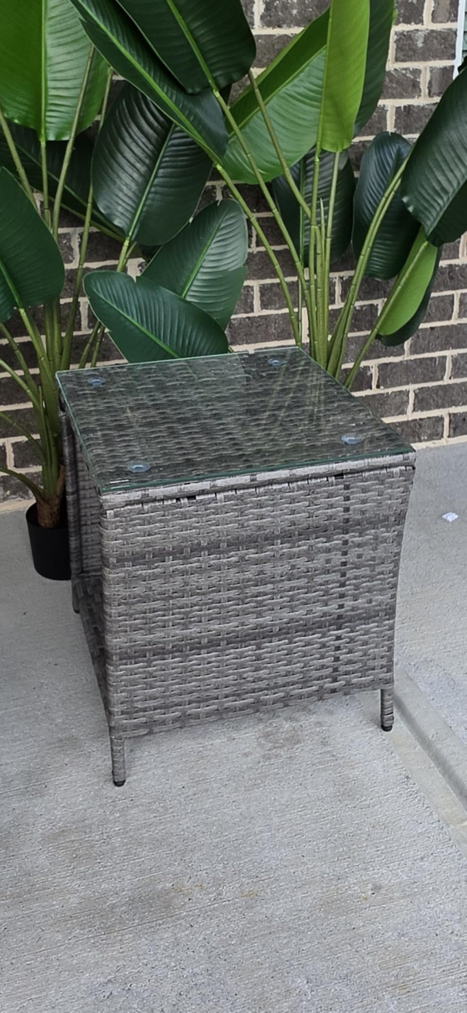VINGLI Outdoor Wicker Side Table Patio Side Tables for Outside, Tempered Glass Top Wicker Table with Storage End Table for Balcony Porch Deck (Brown) customer photo 1
