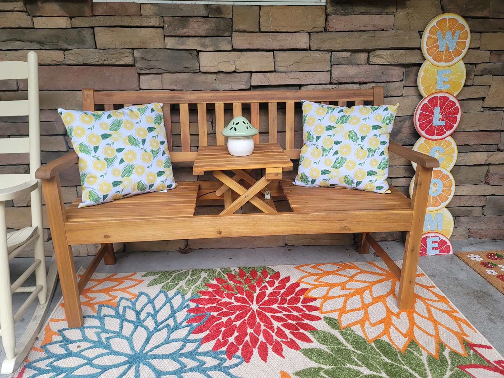 Devoko Acacia Wood Outdoor Bench, 2-Person Garden Bench with Pull-Out Table, Sturdy Patio Bench Porch Bench, Wooden Bench Outdoor with Height-Adjustable Table for Backyard, Balcony, Patio (Log Color) customer photo 1
