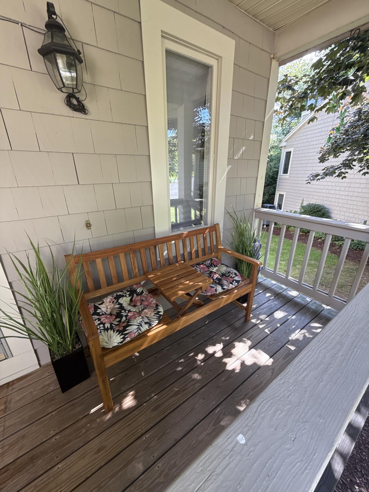 Devoko Acacia Wood Outdoor Bench, 2-Person Garden Bench with Pull-Out Table, Sturdy Patio Bench Porch Bench, Wooden Bench Outdoor with Height-Adjustable Table for Backyard, Balcony, Patio (Log Color) customer photo 2