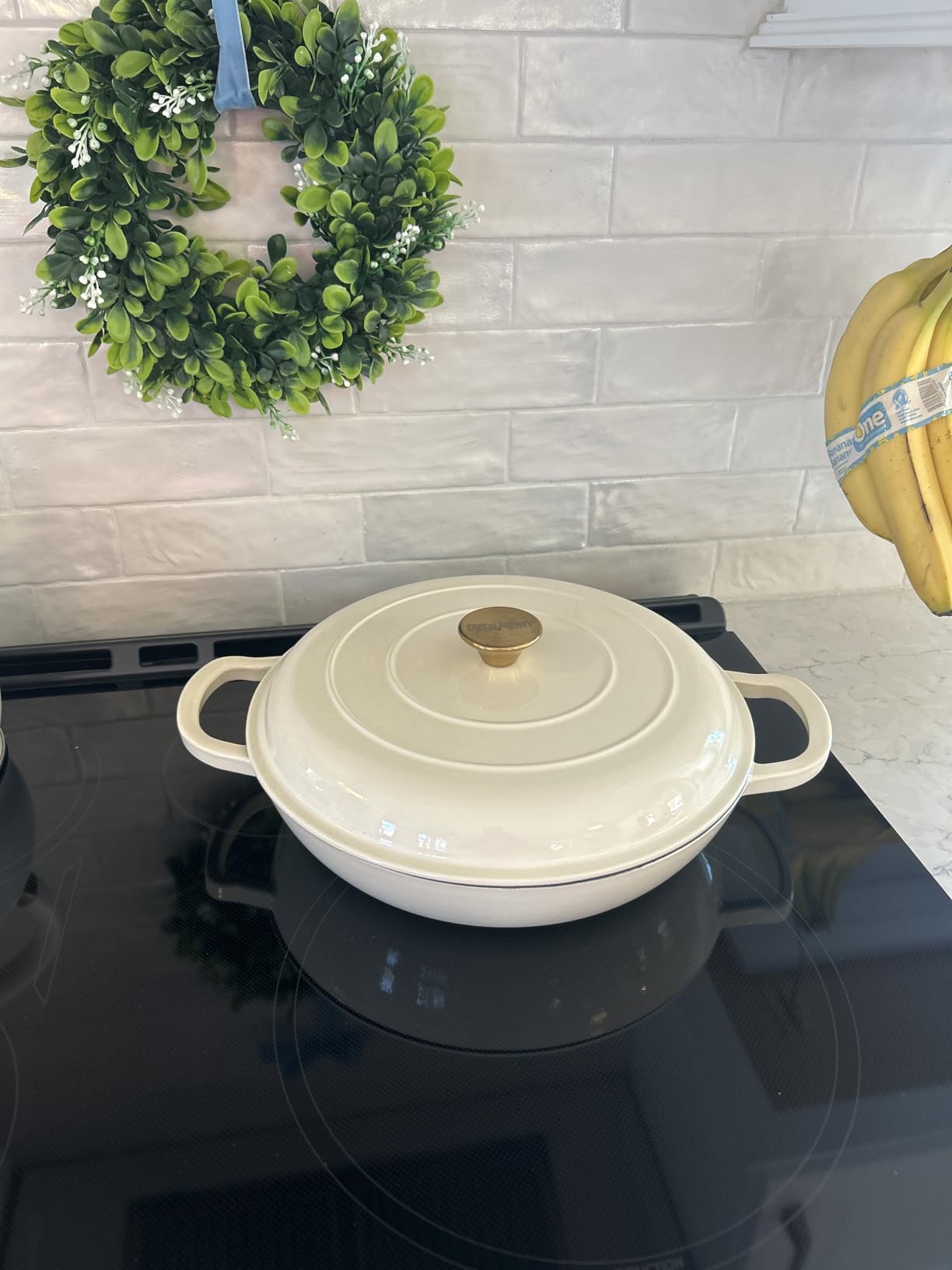 Overmont Enameled Cast Iron Dutch Oven - 3.8 QT Shallow Braiser with Recipe | Enameled Casserole with Lid Potholders, Oven Safe up to 500F, Cast Iron Cookware for Grilling Searing Roasting Braising Bake customer photo 2