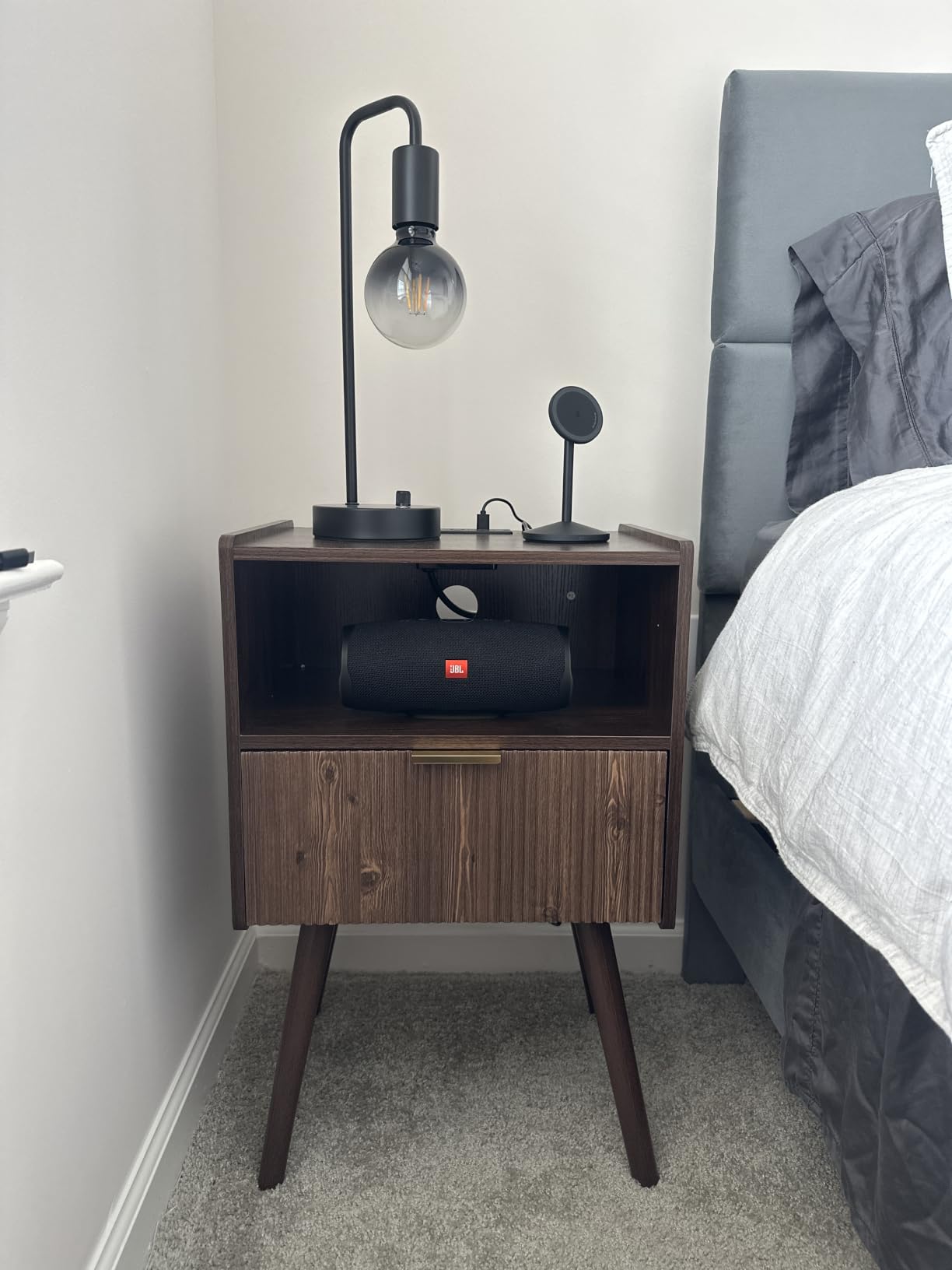 Nightstand, Modern Bedside Table with Storage Drawer and Open Wood Shelf, for Living Room, Bedroom and Small Spaces, Accent Night Stand with Solid Wood Legs, Easy Assembly, Walnut Brown customer photo 1