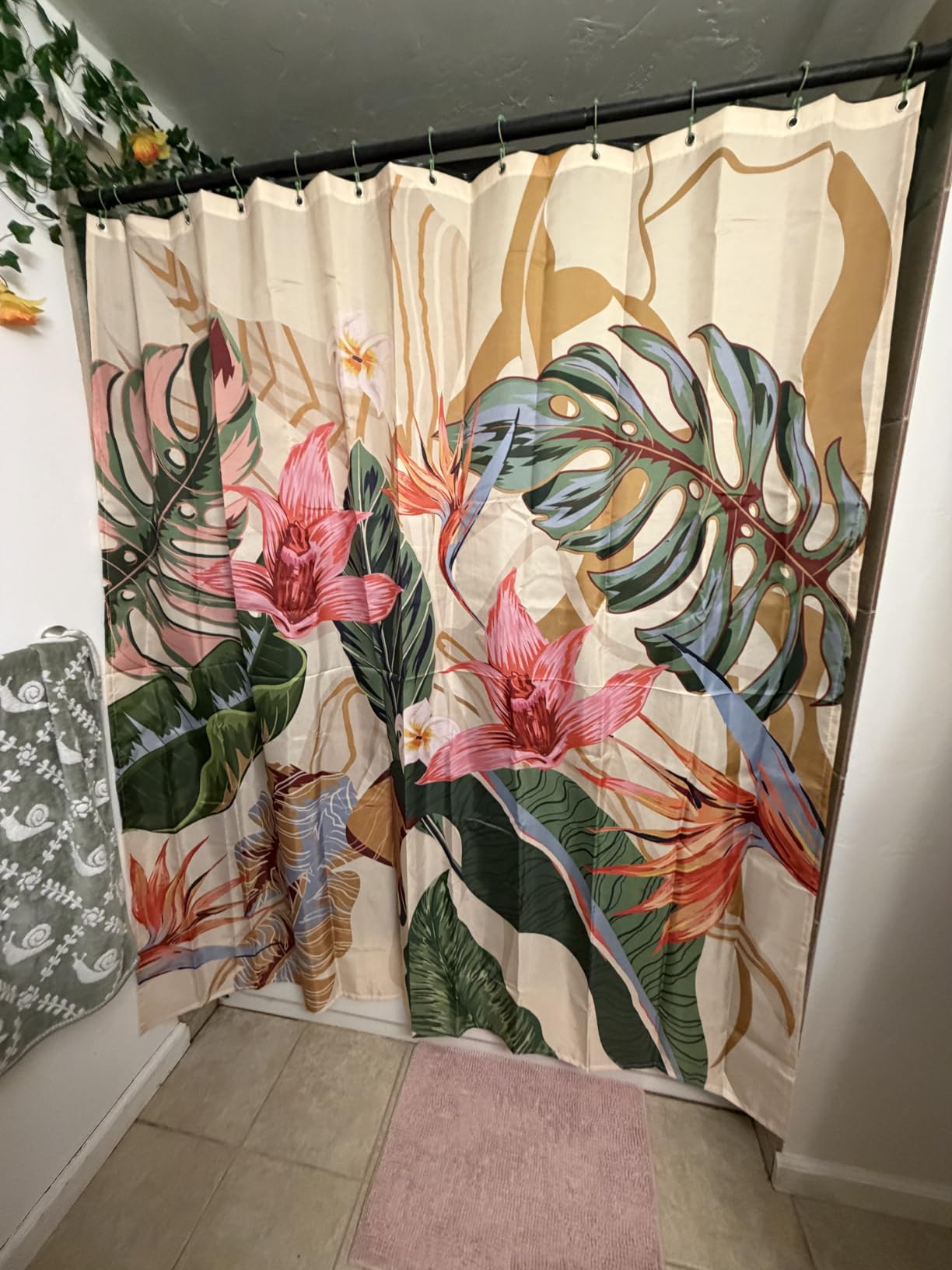 Boho Colorful Floral Shower Curtain, Abstract Art Modern Aesthetic Jungle Plant Leaf Bathroom Curtain with 12 Hooks, Waterproof Polyester Fabric Bath Curtain with Hooks 72x72 Inch customer photo 2