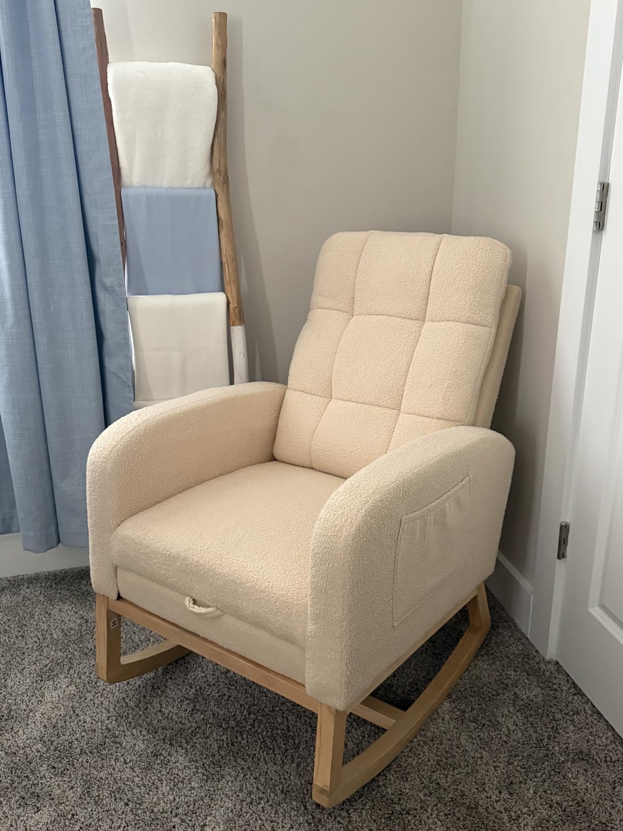 NIOIIKIT Modern Nursery Rocking Chair, Teddy Upholstered Rocking Chair with Footrest, Comfortable Rocker Glider with Side Pocket, Rocker Glider for Living Room, Bedroom, Nursing Room (Beige) customer photo 2