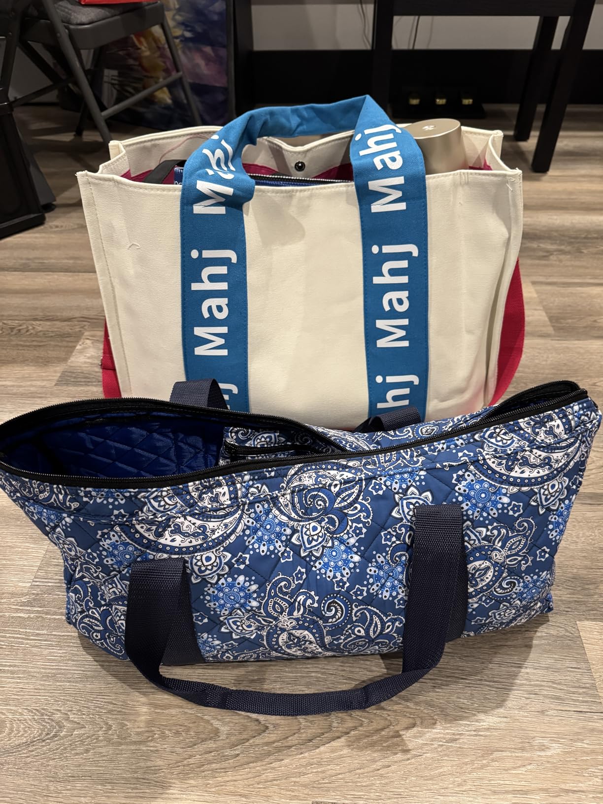 Empty Mahjong Bag,Thickened Blue Printed American Mahjong Set, Tiles Bag and Mahjong Racks&Pushers Drawstring Bag Included (Case Only) customer photo 1
