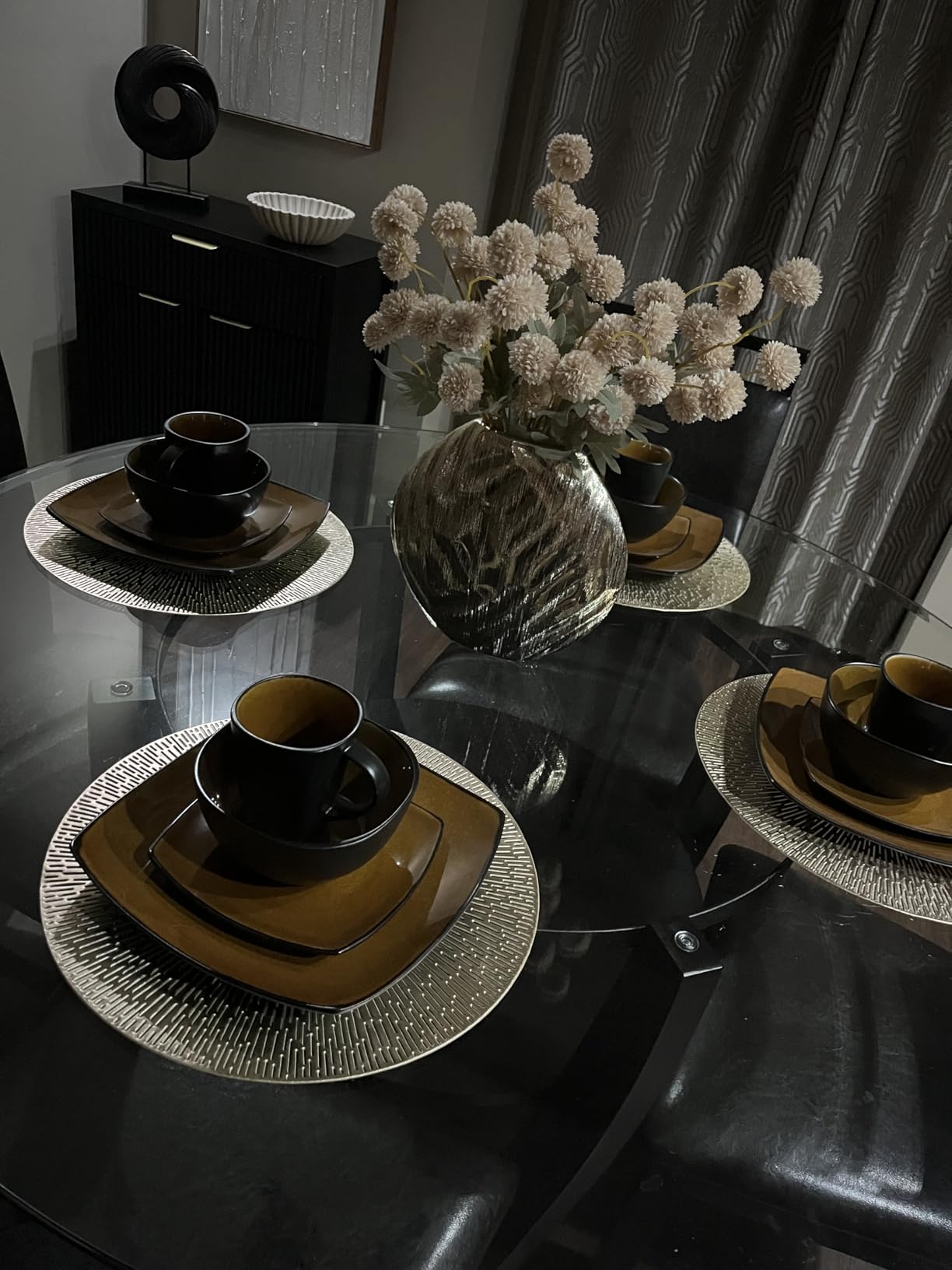 Gibson Elite Pasco 16 Piece (Service for 4) Plates and Bowls Double Bowl Reactive Glaze Dishes Stoneware Ceramic Dinnerware Set - Black customer photo 2