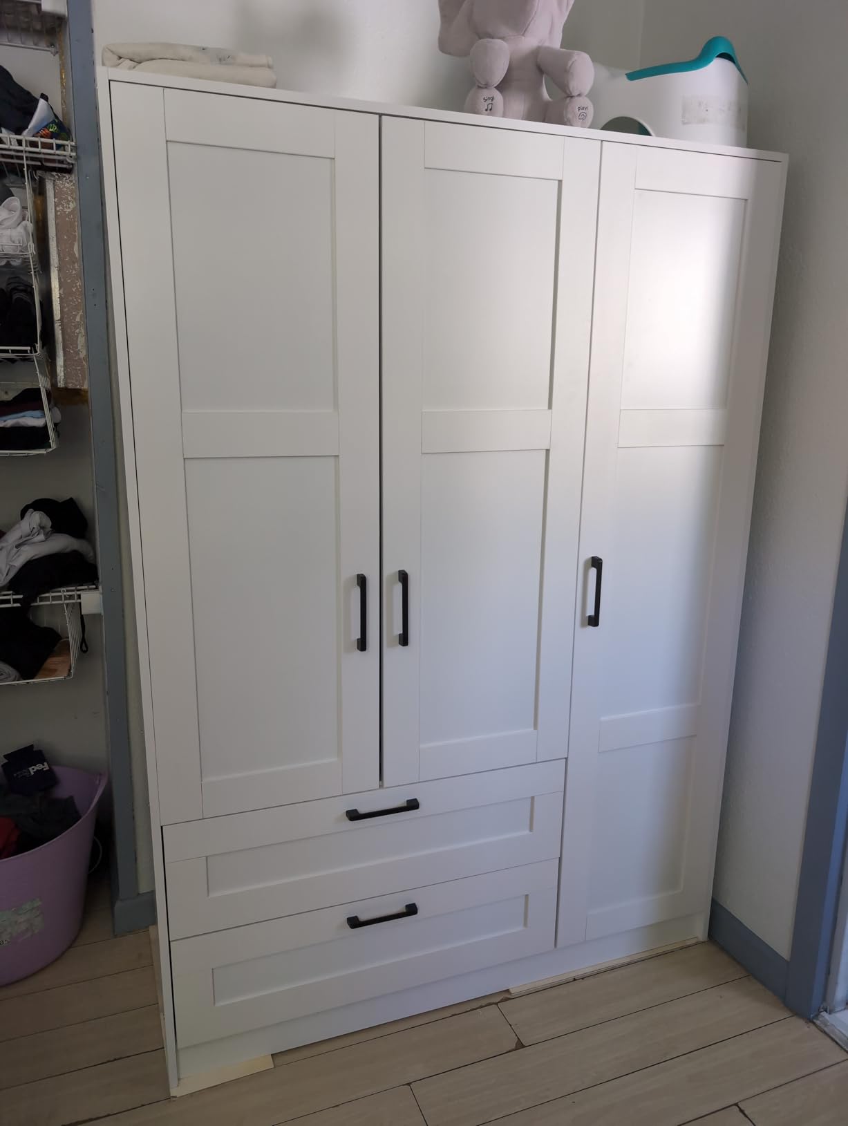 Fenghua Lizhi 3 Doors Wooden Wardrobe Closet Armoire, White Storage Cabinet for Hanging Clothes, Bedroom Large Capacity Freestanding Armoire, Wood Wardrobe Combination with Shelves (2 drawer, White) customer photo 1