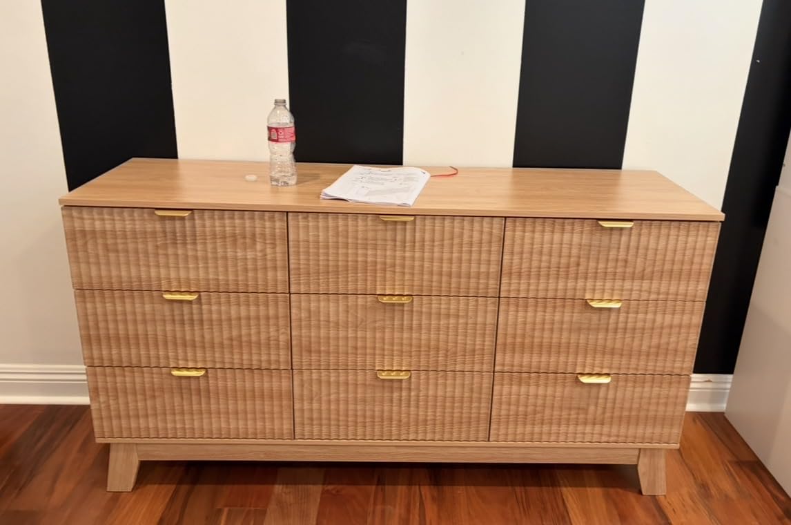Fluted Dresser for Bedroom with 9 Drawers, 57 Wide Modern Chest of Drawers with Metal Handle, Wooden Dresser TV Stand, Natural Oak customer photo 1
