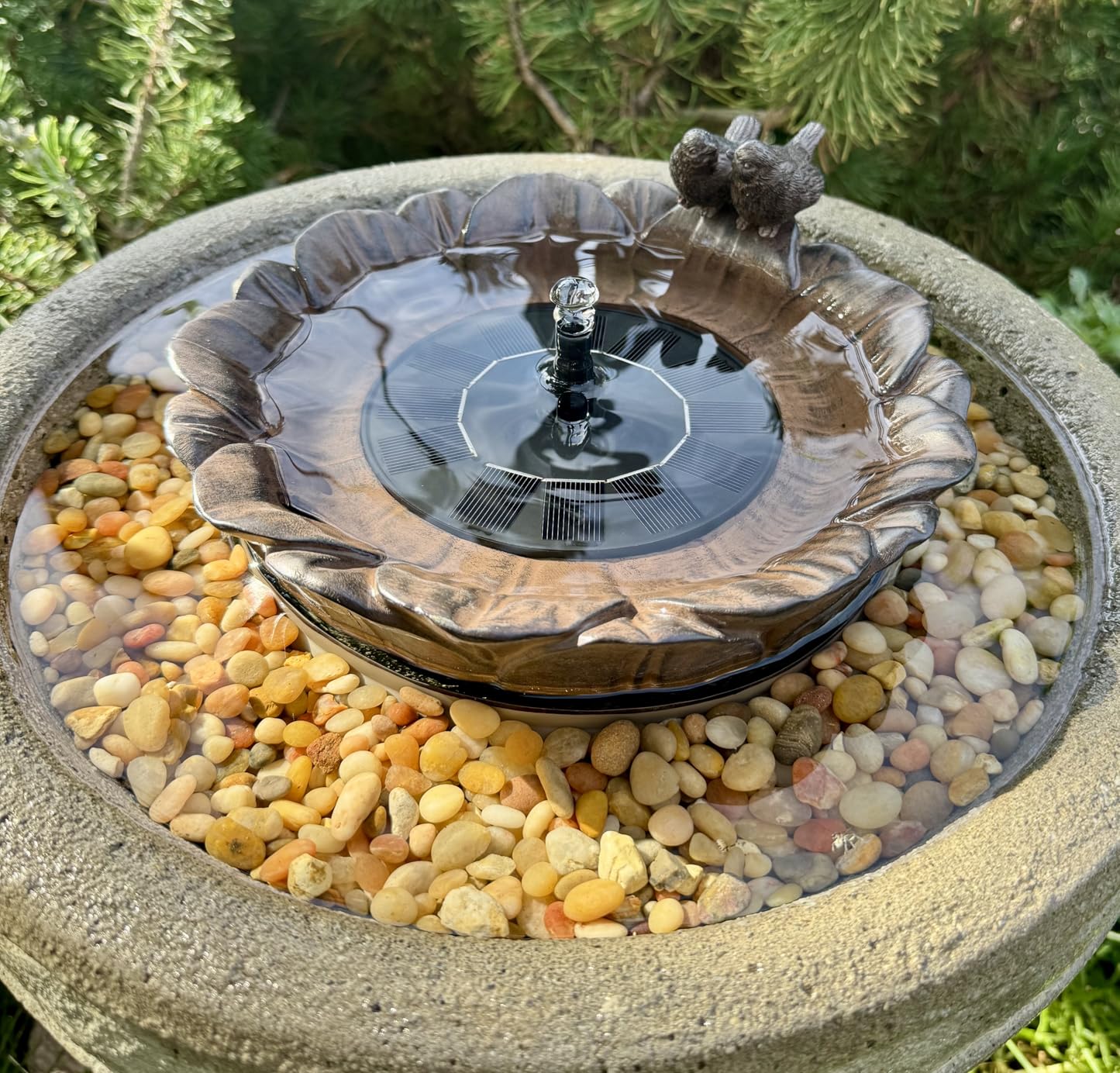 Solar Bird Bath Fountain, Sunflower with Resting Bird, Solar Powered with 3 Nozzles, Outdoor Garden Bird Bath customer photo 2
