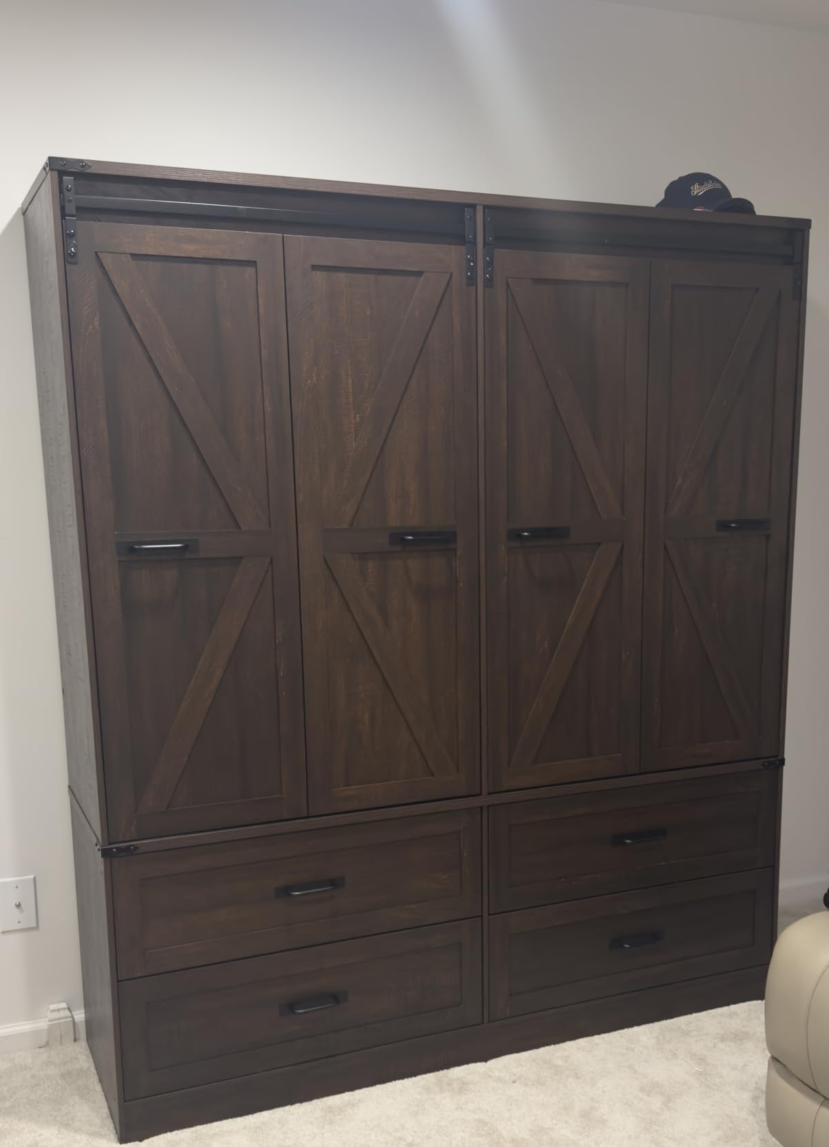 Farmhouse 4 Doors Armoire Wardrobe Closet w/Folding Sliding Barn Door and Lights, LED Armoire Closet w/Drawers for Bedroom, Freestanding Wooden Wardrobe Storage Closets w/Hanging Rod,Rustic Brown customer photo 1