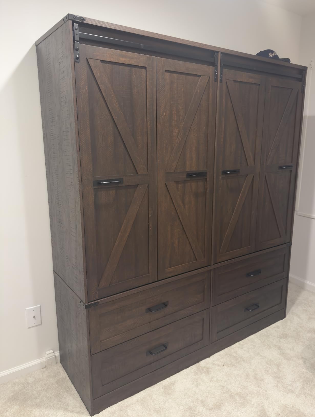 Farmhouse 4 Doors Armoire Wardrobe Closet w/Folding Sliding Barn Door and Lights, LED Armoire Closet w/Drawers for Bedroom, Freestanding Wooden Wardrobe Storage Closets w/Hanging Rod,Rustic Brown customer photo 2