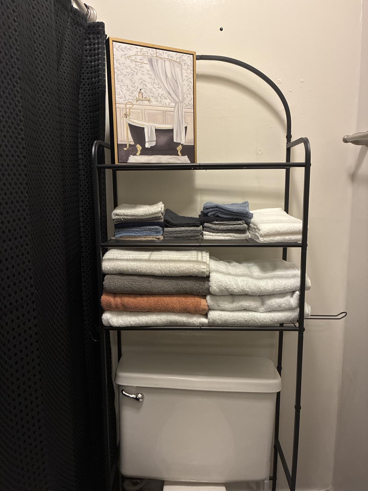 3 Tier Over The Toilet Storage Rack, Bathroom Organizer | Toilet Storage with 4 Hooks & Paper Holder, Space-Saving, Freestanding Bathroom Shelf, Metal, White customer photo 2