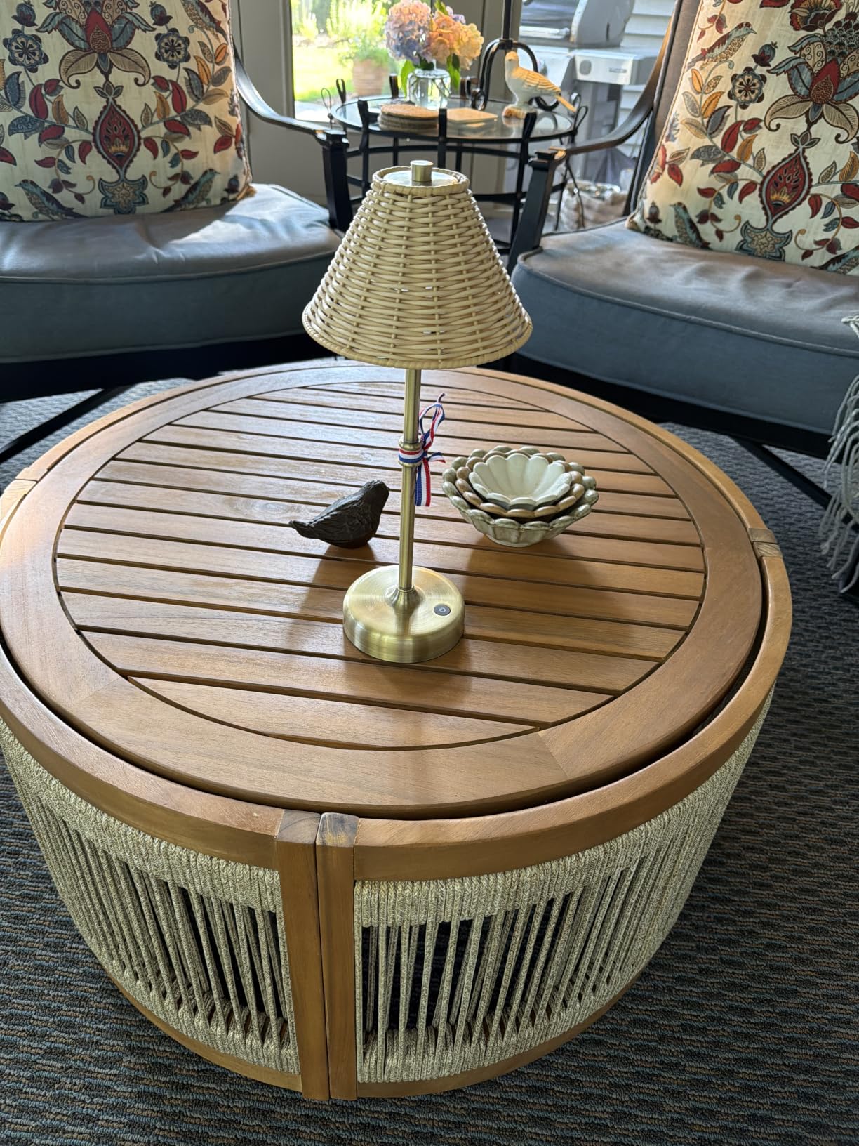 LuxenHome Outdoor Coffee Table, 31'' Acacia Wood Rope Drum Round Sides Patio Tables, Modern Farmhouse Garden Coffee Table, Outdoor Furniture for Porch, Balcony, Outside Furniture customer photo 1