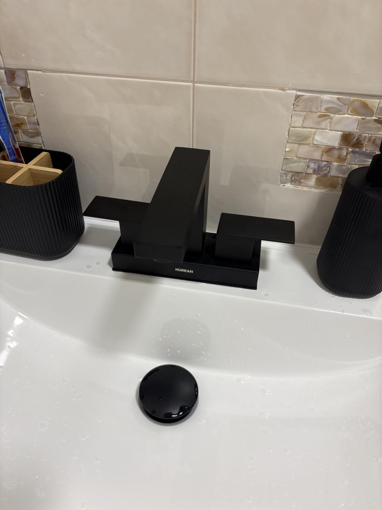 24 Inches Modern MDF Bathroom Vanity with Sink, Wall Mounted Floating Cabinets w/Double Drawers, Black Handles, White Resin Sink Combo Set (Black, 24