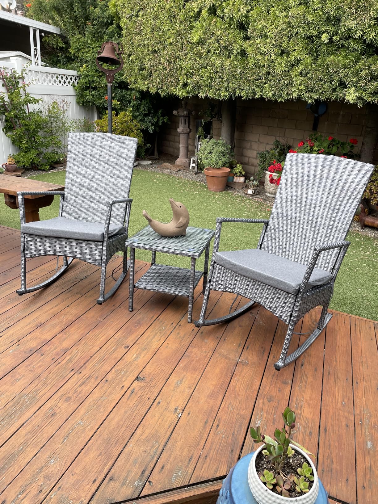 Oasishine Outdoor Rocking Chair 3 Pieces High-Backed Rocking Chair Patio Rocking Chairs Outdoor Table, Khaki customer photo 2
