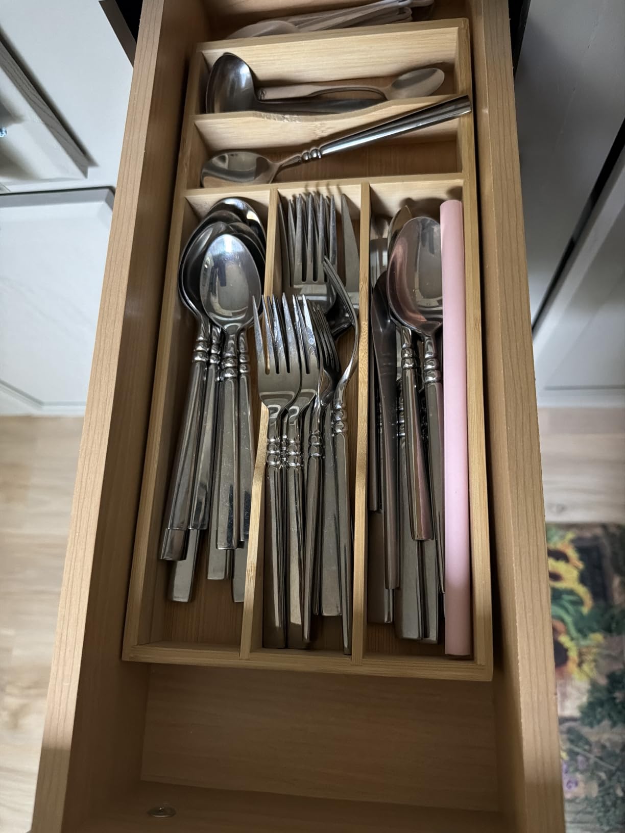 Bamboo Silverware Organizer, Bamboo Kitchen Drawer Cutlery Organizer, Utensil Holder, Flatware Organizer Tray (15.8