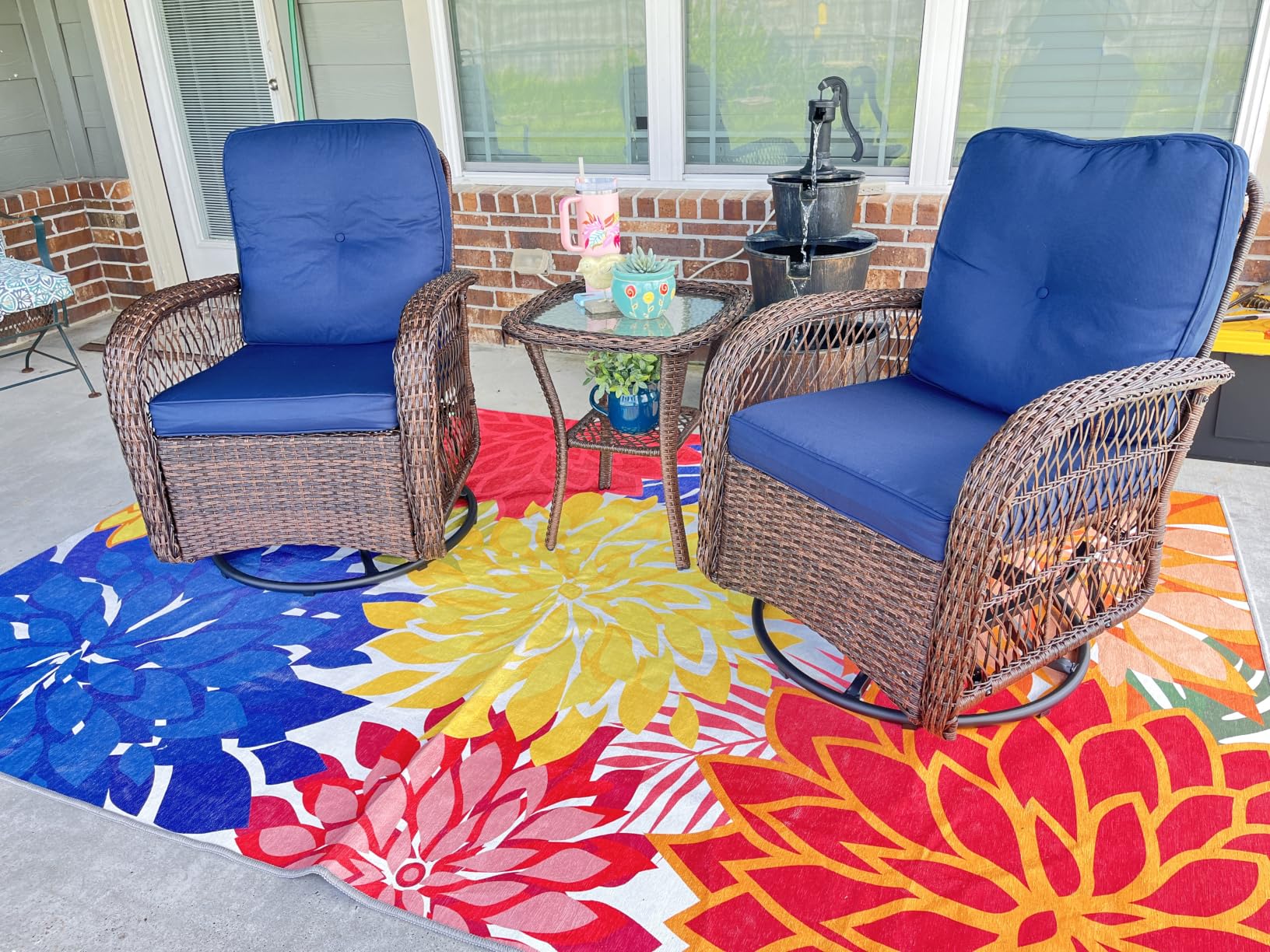 Aoxun 3 Pieces Patio Furniture Set, Patio Swivel Rocker Chairs Set of 2, Wicker Outdoor Bistro Set with Rocking Chair, Thickened Cushions and Table for Porch (Blue) customer photo 2