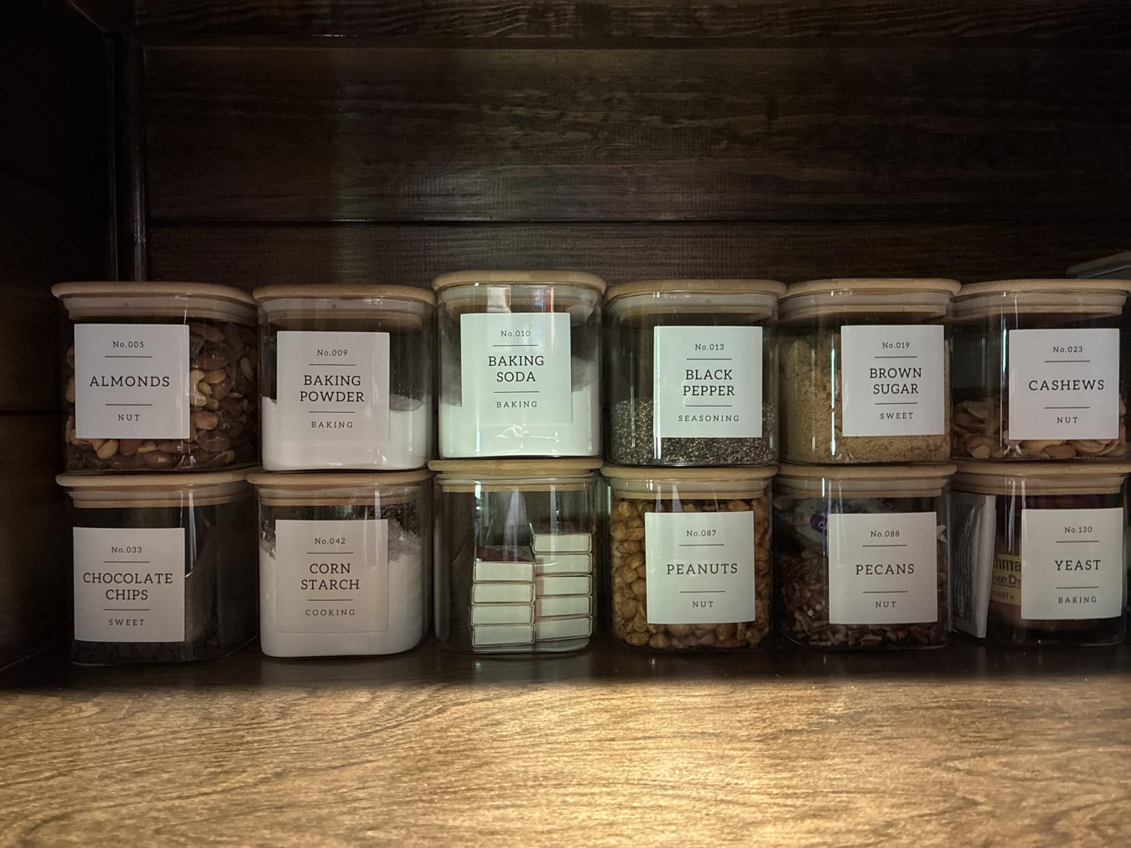 5 Pack Square Glass Pantry Storage Containers with 132 Kitchen Food Pantry Labels - Clear Glass Pantry Jars with Airtight Wood Bamboo Lids - Glass Canisters for Pasta, Cereal, Coffee, Flour, Sugar customer photo 2
