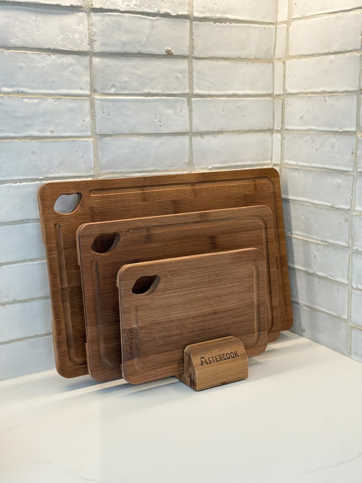 Astercook Deep-Carbonized Bamboo Cutting Boards for Kitchen with Wood Storage Stand, Reversible Charcuterie & Chopping Boards with Juice Grooves and Easy-Grip Handles customer photo 1