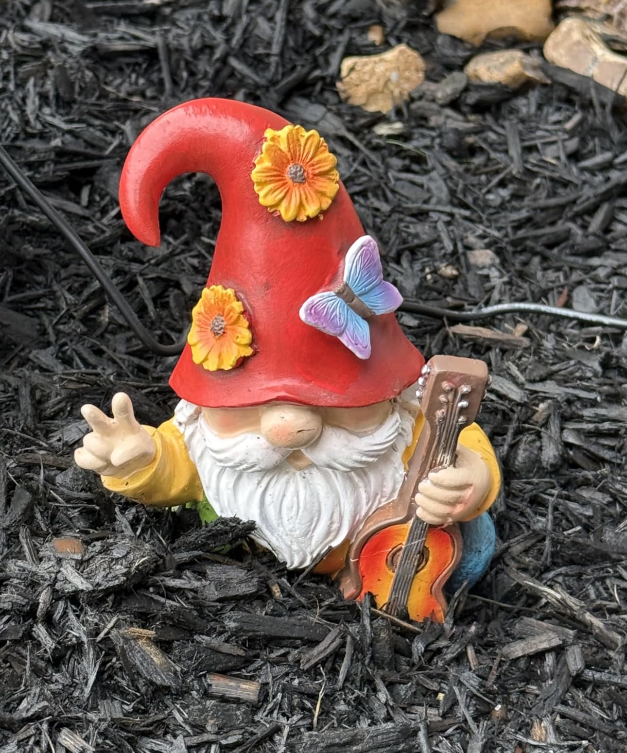GoGnome Peace Sign Garden Gnome Figurine Outdoor Statue, Funny Guitar Playing Dwarf Rock Music Decor - 6'' Resin Lawn Ornament customer photo 2