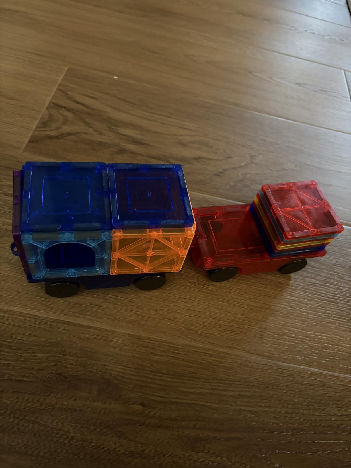 PicassoTiles 4PC Magnetic Tiles Car Truck Base Construction Building Accessory Toy Yellow, Red, Green & Blue Compatible with Magnet Tile Sets Educational STEM Learning Build Kits Boys & Girls PT201 customer photo 1