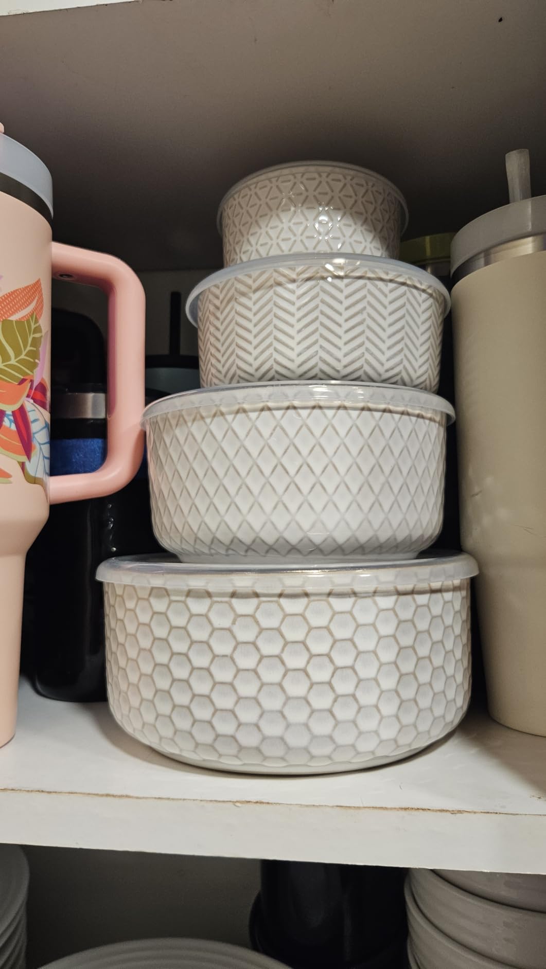 KooK Serving Bowls, with Lids, Ceramic Nesting Bowls, Set of 4, Embossed, Kitchen, Prep, Stackable, Gift, Microwave and Dishwasher Safe, 16/29/47/70 oz, Narbonne Collection (Ivory) customer photo 2