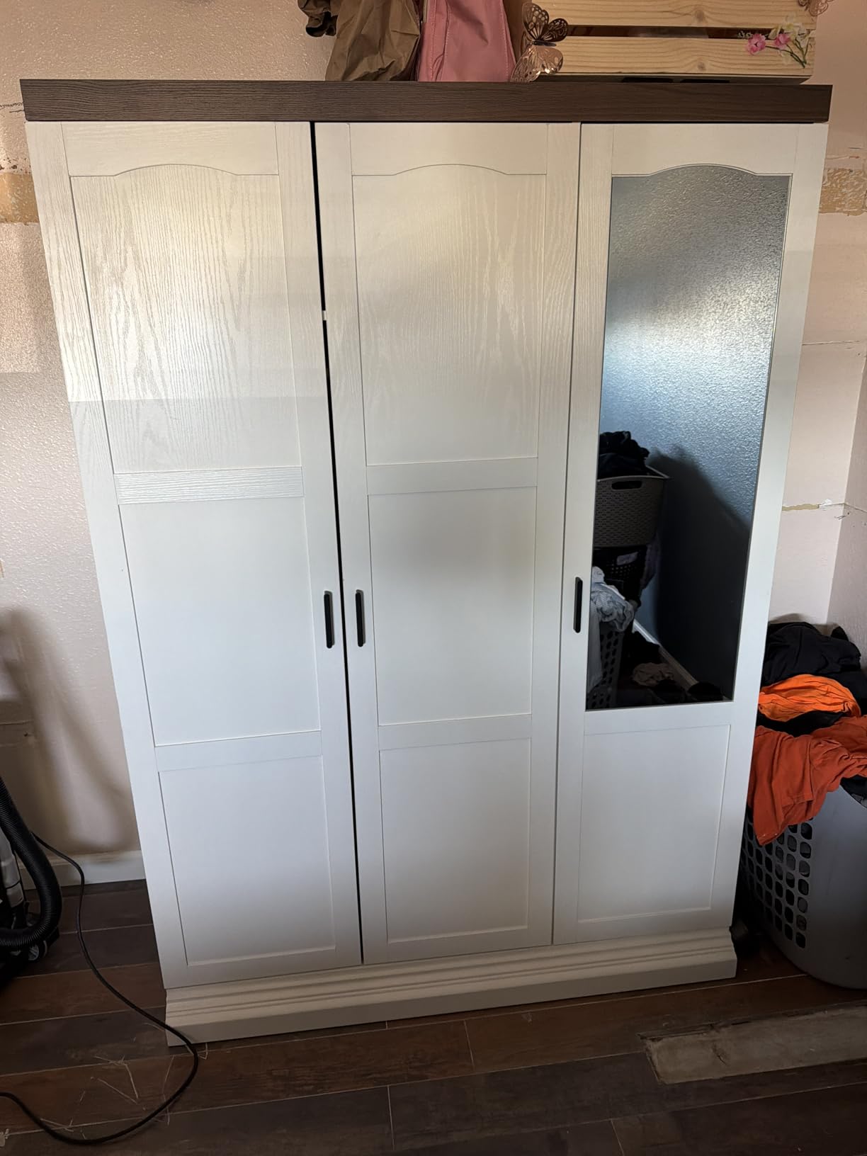 ANCTOR 3-Door Armoire Wardrobe Closet with Mirror and 2 Hanging Rods | Long & Short Hanging Zones / 3 Shelf Levels / Adjustable Shelf / Soft-Close Hinges / Two-Carton Packaging customer photo 2