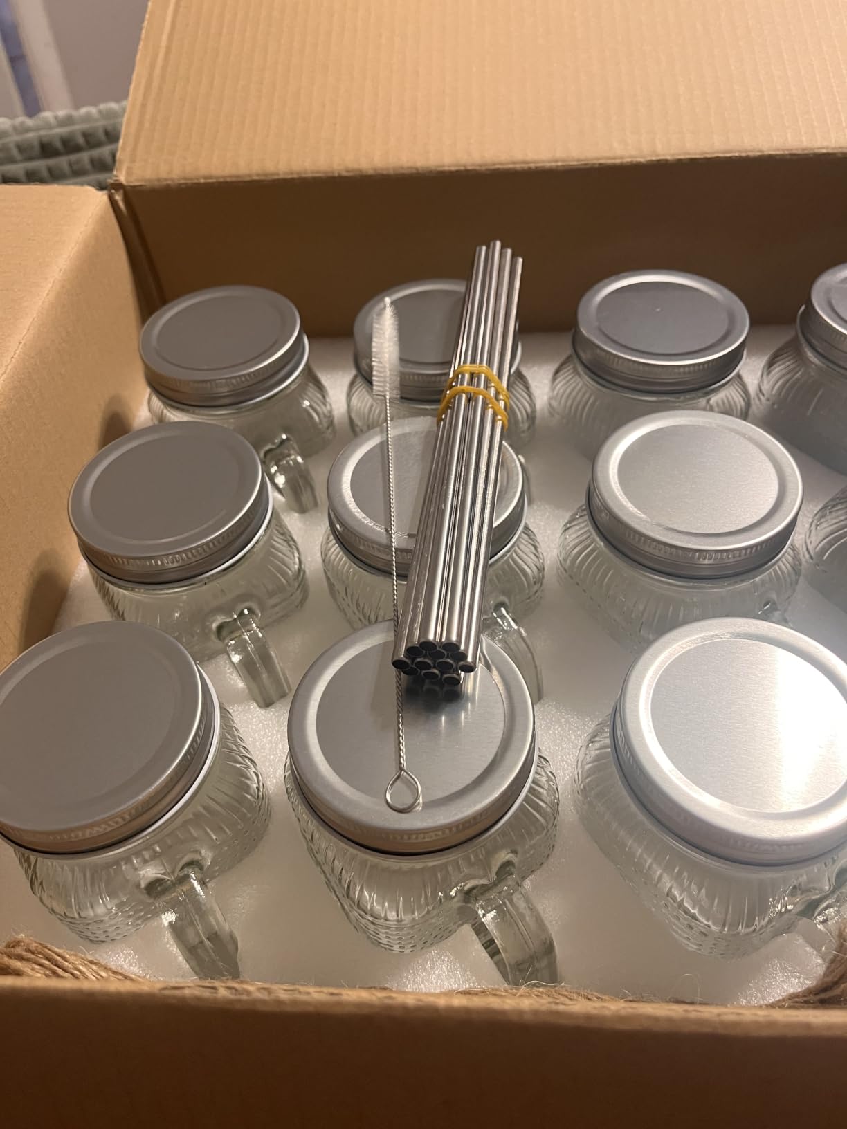 Mason Jar Cups with Handle 16 oz, Vintage Glass Cups with Lids and Straws, Reusable Pint Drinking Jars for Iced Coffee, Smoothies, Juice, Food Storage, 12 Pack customer photo 2